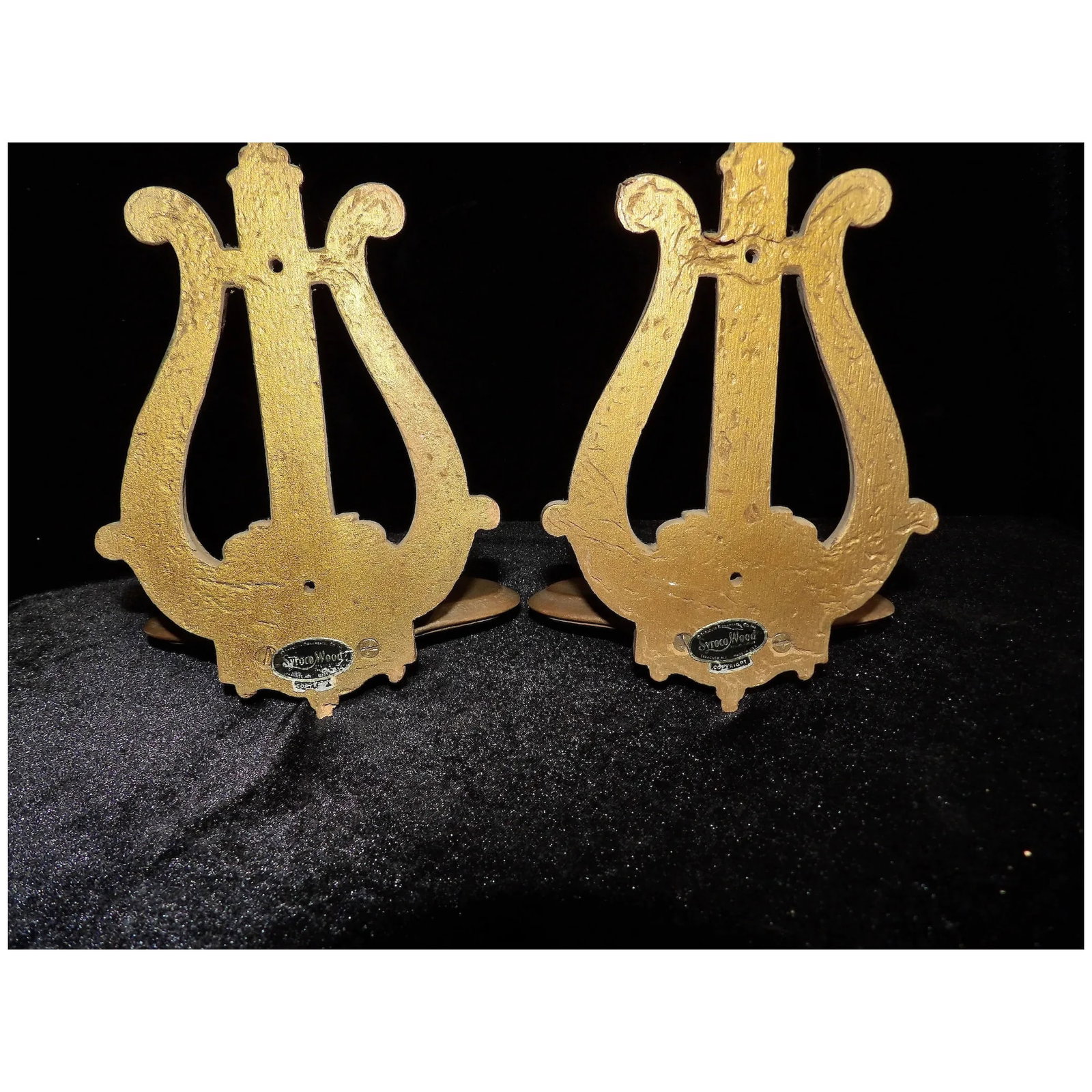Vintage set of 2 Syroco Wood Lyre Harp Shaped Wall Shelves - 4