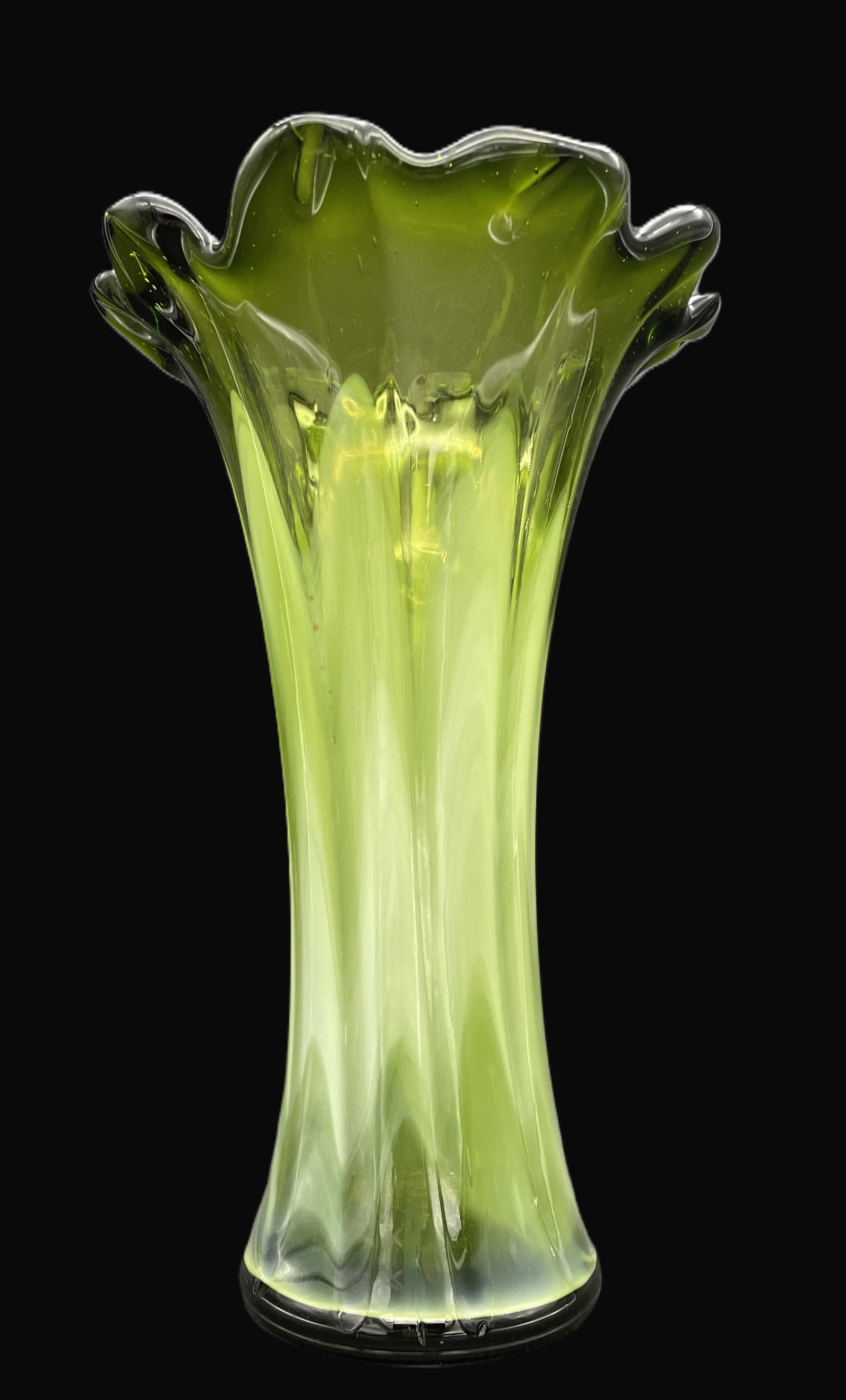 Large Green Swung Glass Art Glsss Vase 11" - 2