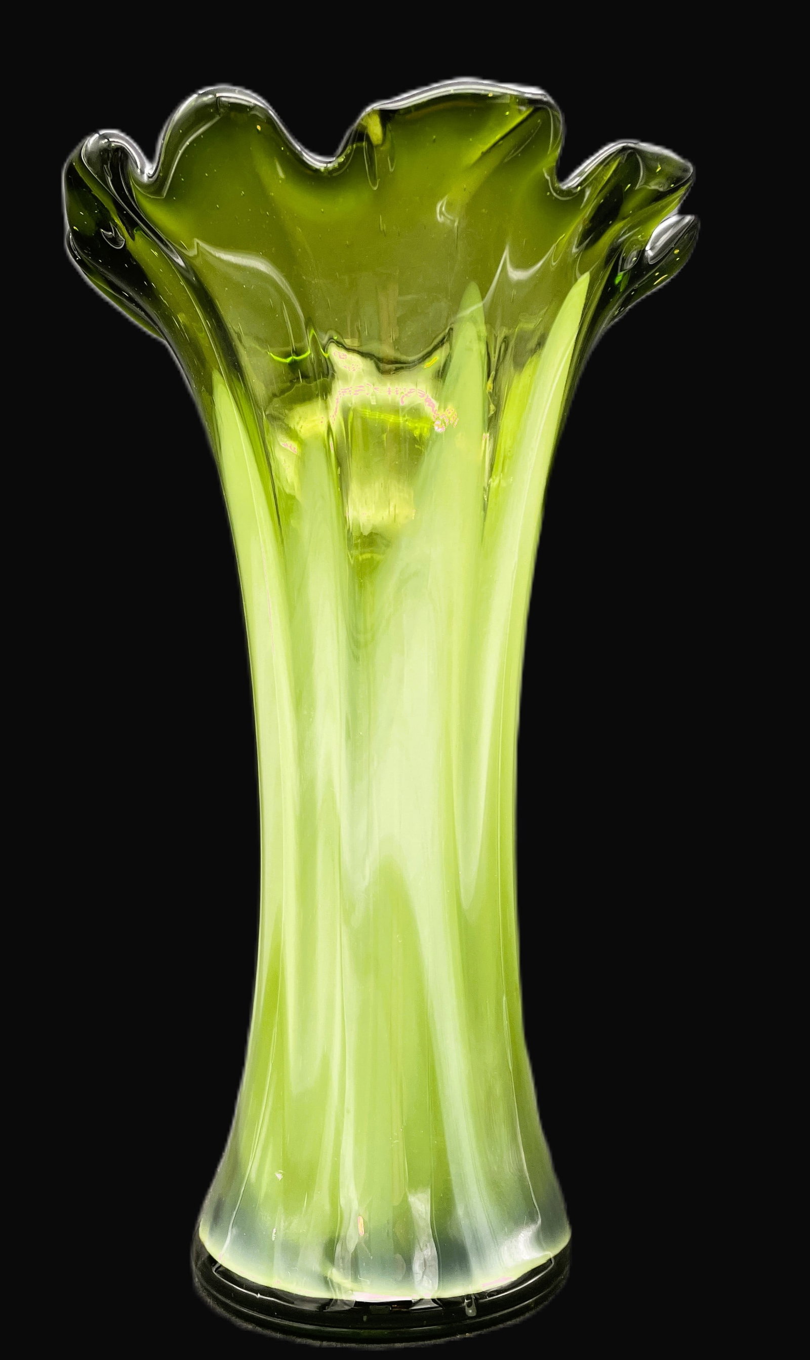 Large Green Swung Glass Art Glsss Vase 11" - 3