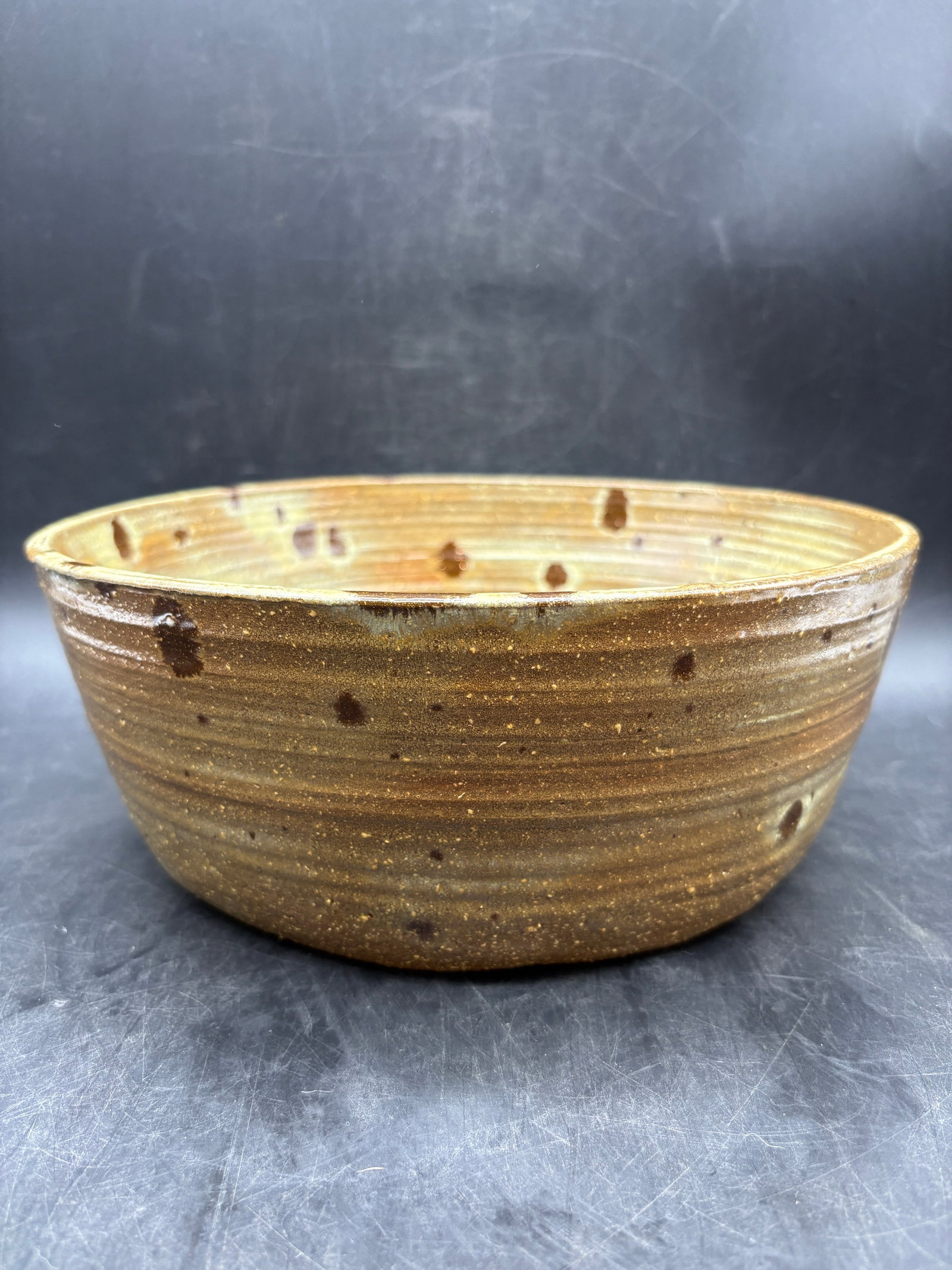 Mid Century Studio Pottery Bowl Signed G. Geiger 1967 Williamsport PA Brown Drip Glaze Stoneware - 3