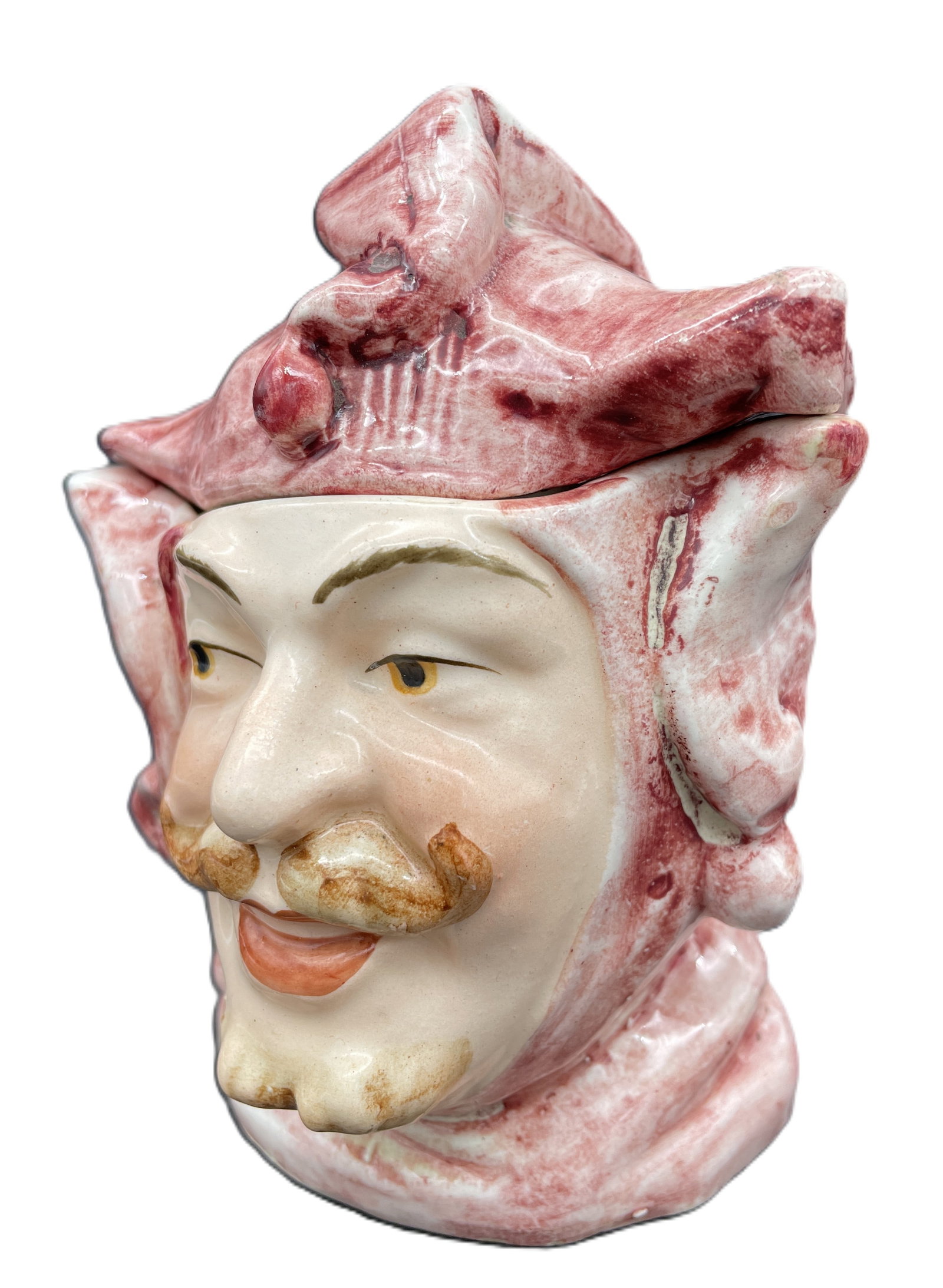 Vintage Majolica Style Figural Man Head Tobacco Jar / Humidor, Court Jester - 2