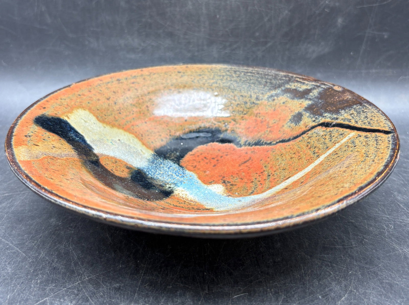 Vintage Studio Pottery Bowl Abstract Landscape Glaze Signed 7.5 Inch - 8