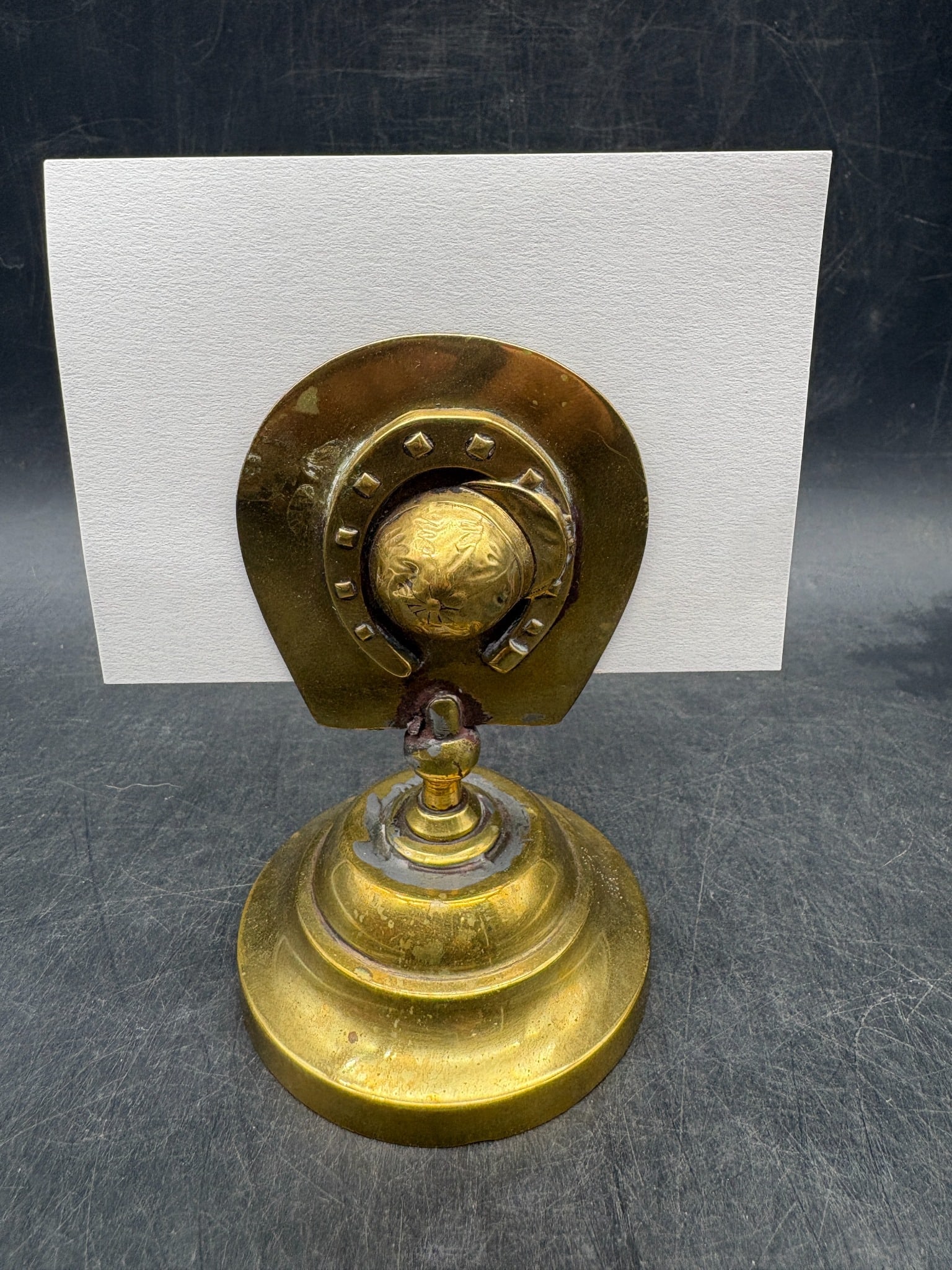 Vintage Brass Horseshoe Business Card Holder Equestrian Desk Accessory Good Luck Motif - 6