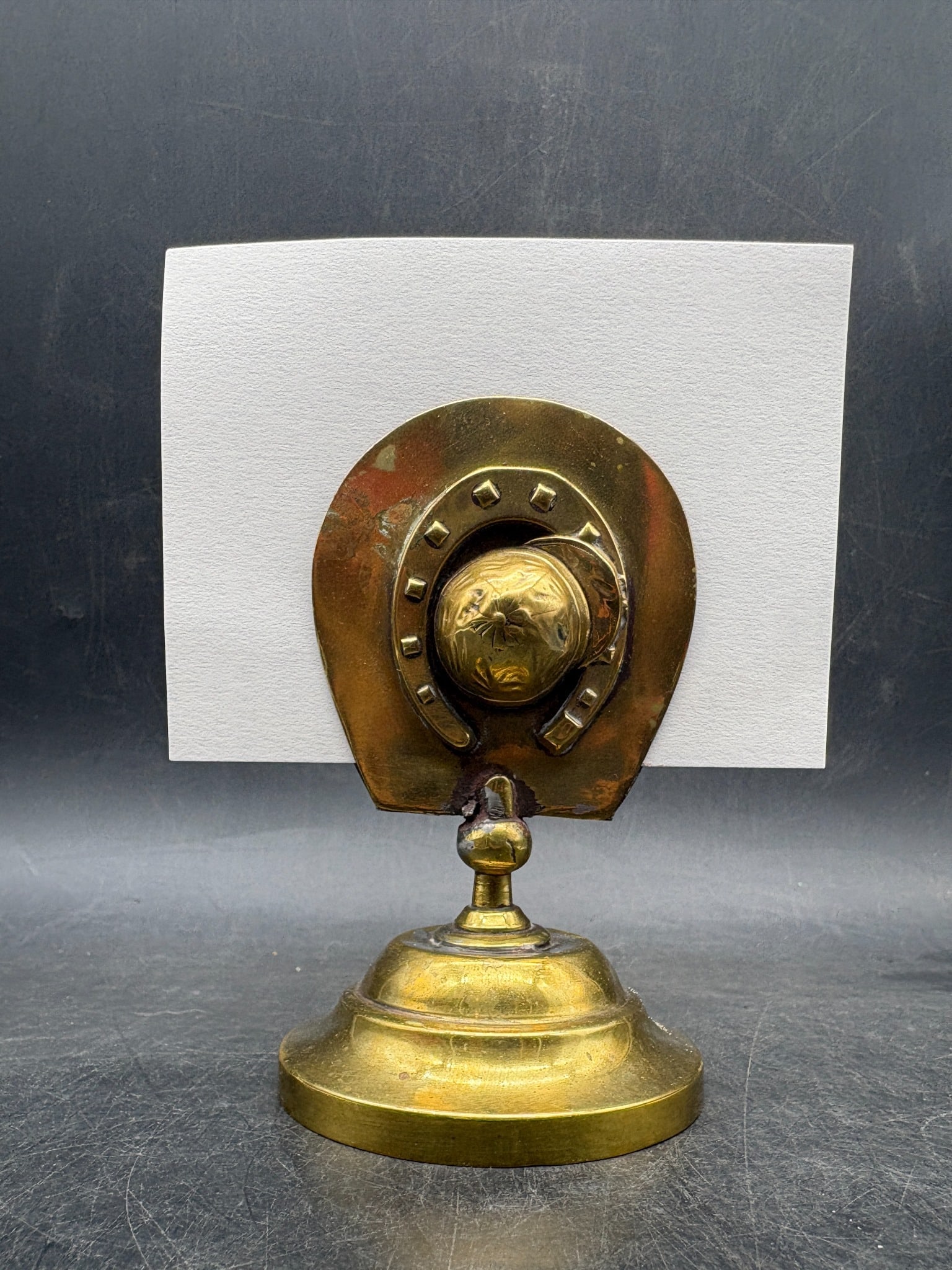 Vintage Brass Horseshoe Business Card Holder Equestrian Desk Accessory Good Luck Motif - 7