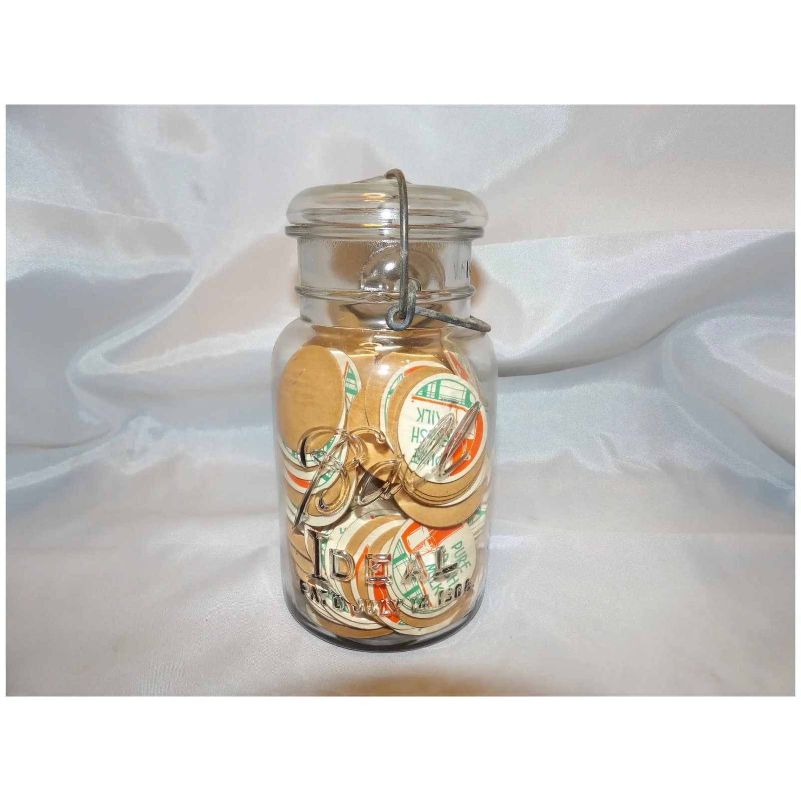 Antique Raised Embossing Ball Ideal Patd July 14 1908 with NOS Milk Bottle Lids - 2