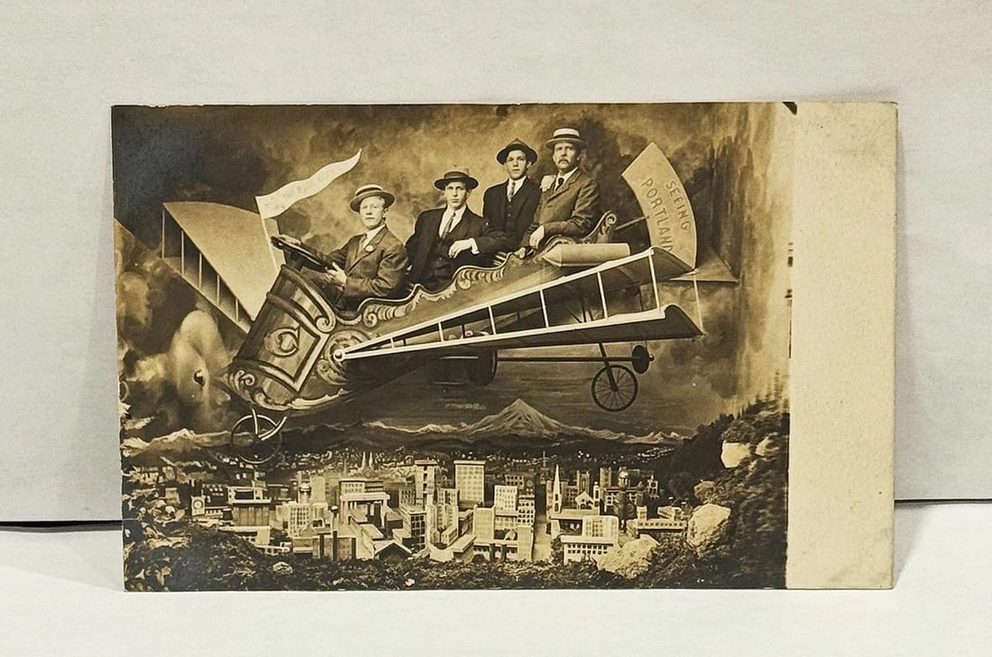 RPPC Real Photo Postcard 4 Dapper Men Fantasy Plane 'The Rose City' Studio 1909 - 2