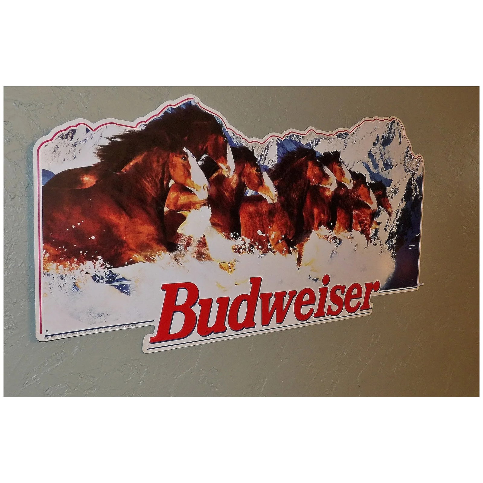 Rare Vintage Budweiser 1993-94 Metal Advertising Sign with Clydesdale and Rocky Mts. - 4
