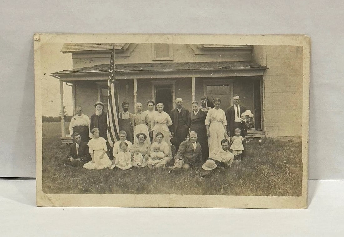 RPPC Real Photo Patriotic Postcard 'Doyle Family' Large American Flag Man Dolls - 2