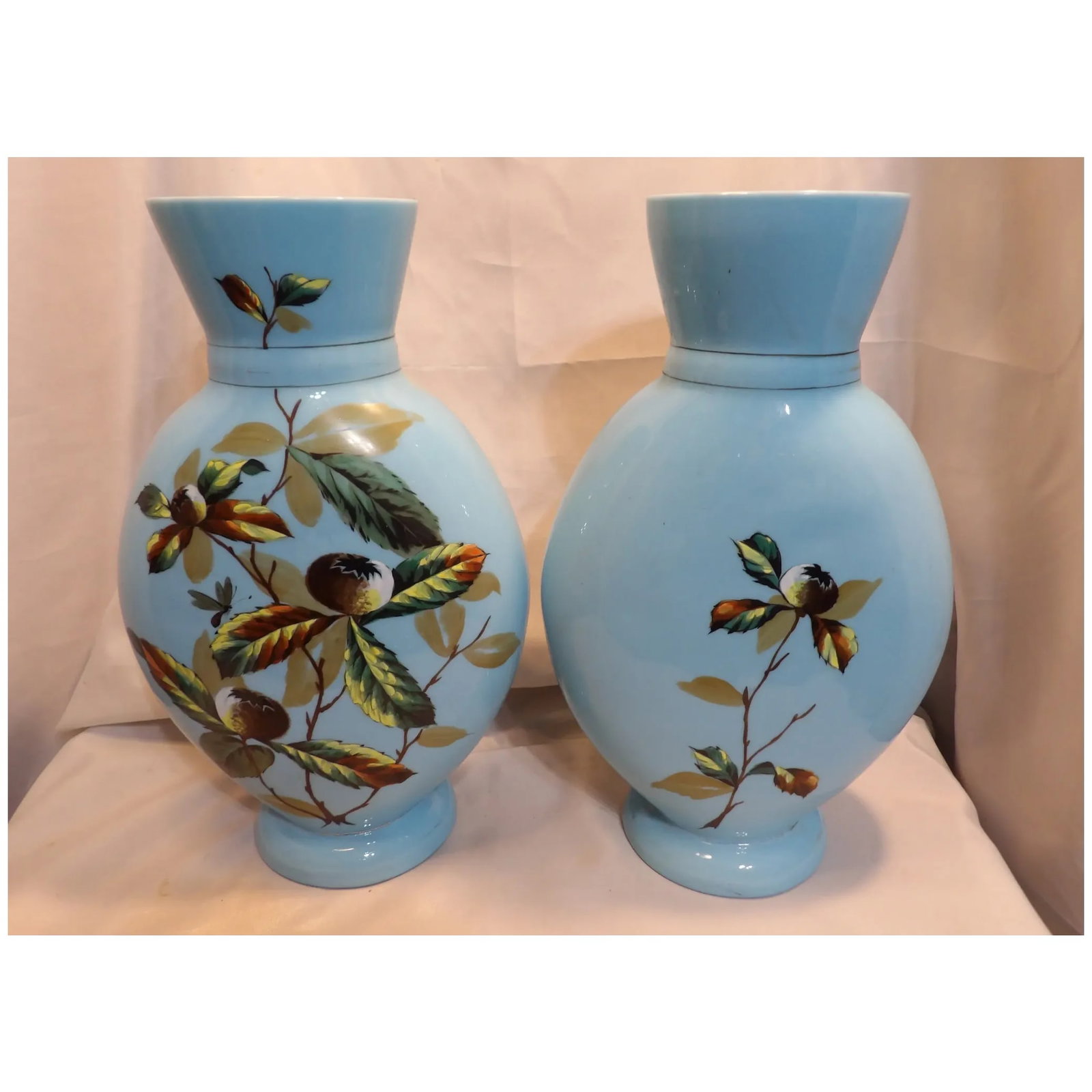 Pair of Bristol Hand Blown Blue Glass Vases with Hand Painted Design - 2