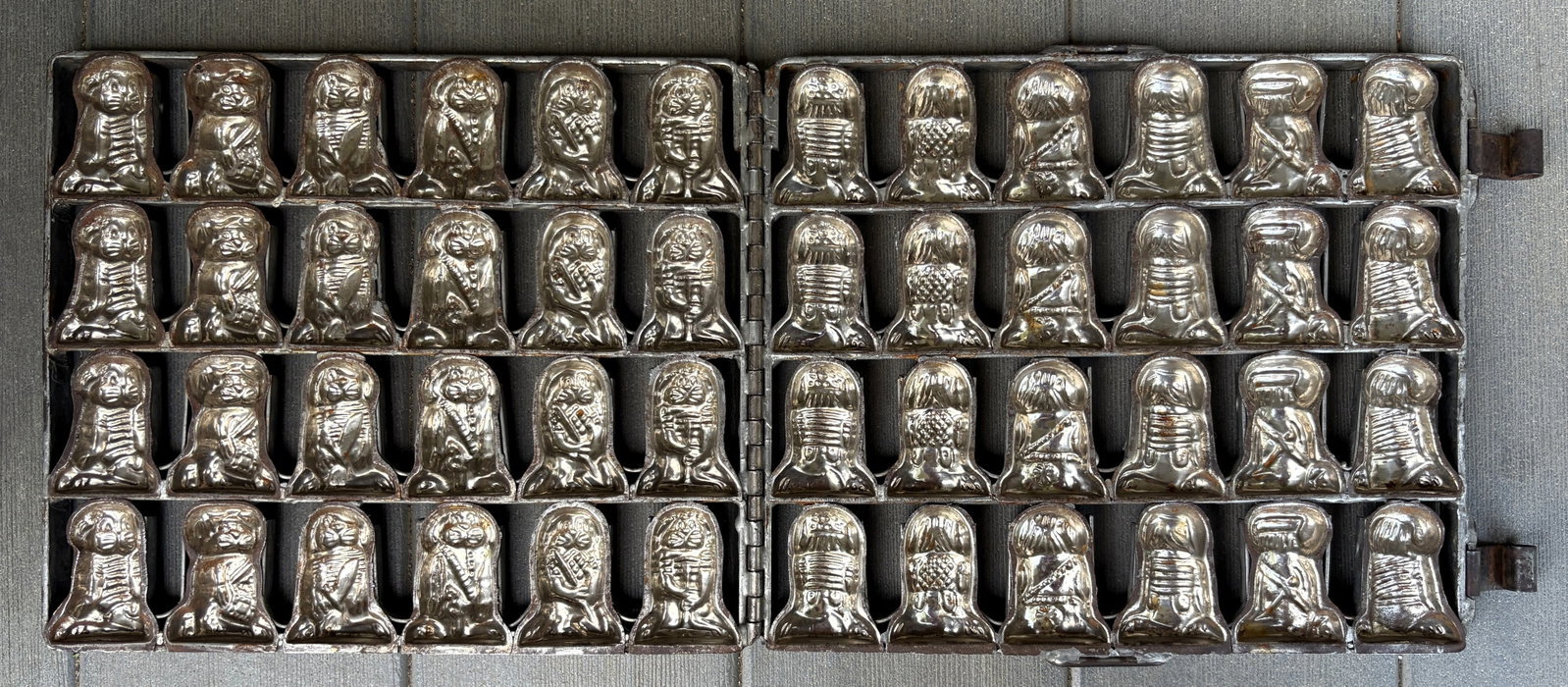 Rare Antique Cast Iron Chocolate Mold Hinged 48-Piece Figure Mold Continental European Confectionery - 2