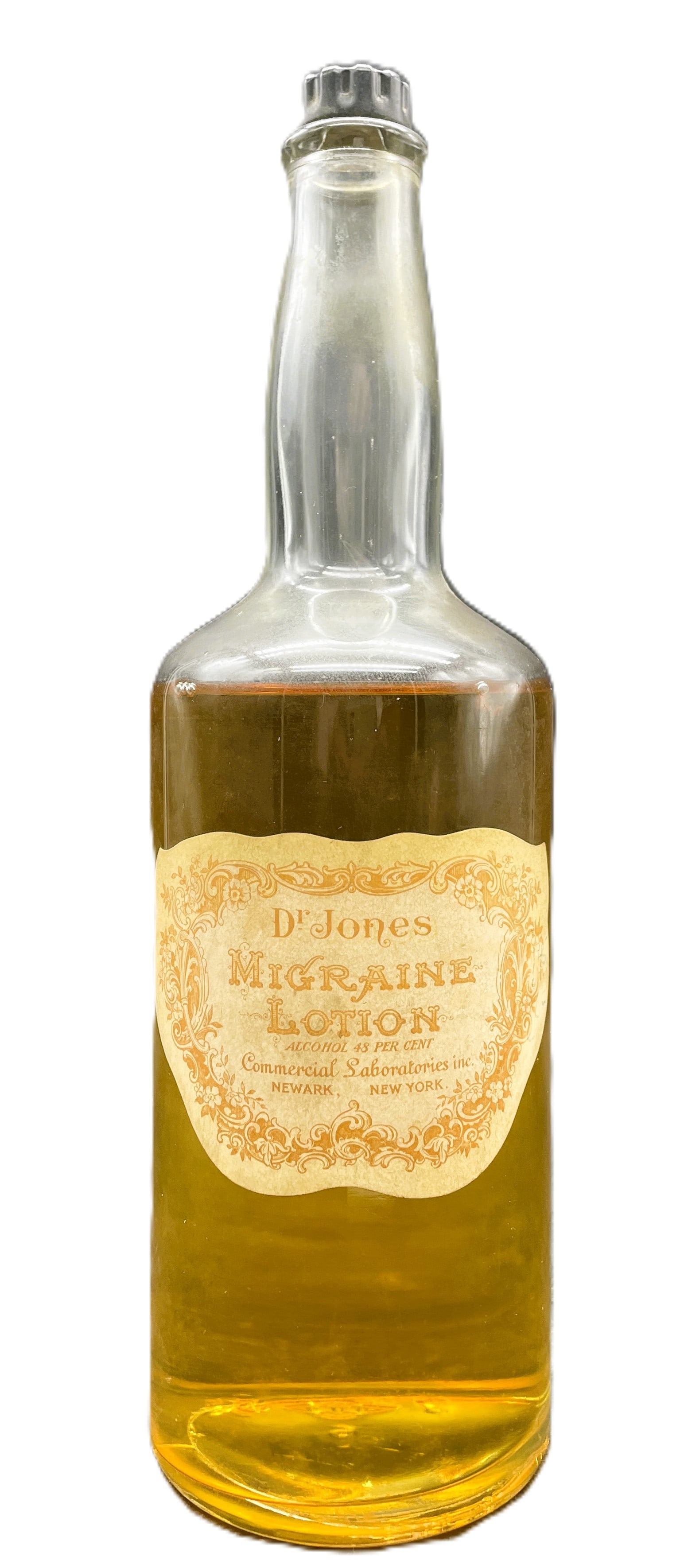 Antique Medical Snake Oil Bottle Dr Jones Migraine Lotion: Date/Period: Approx. Early 20th century Dimension: Approx. 10.5" x 3" diameter Material: glass Additional Information: Antique Medical Snake Oil Bottle Dr Jones Migraine Lotion Shipping: Domestic: Fla
