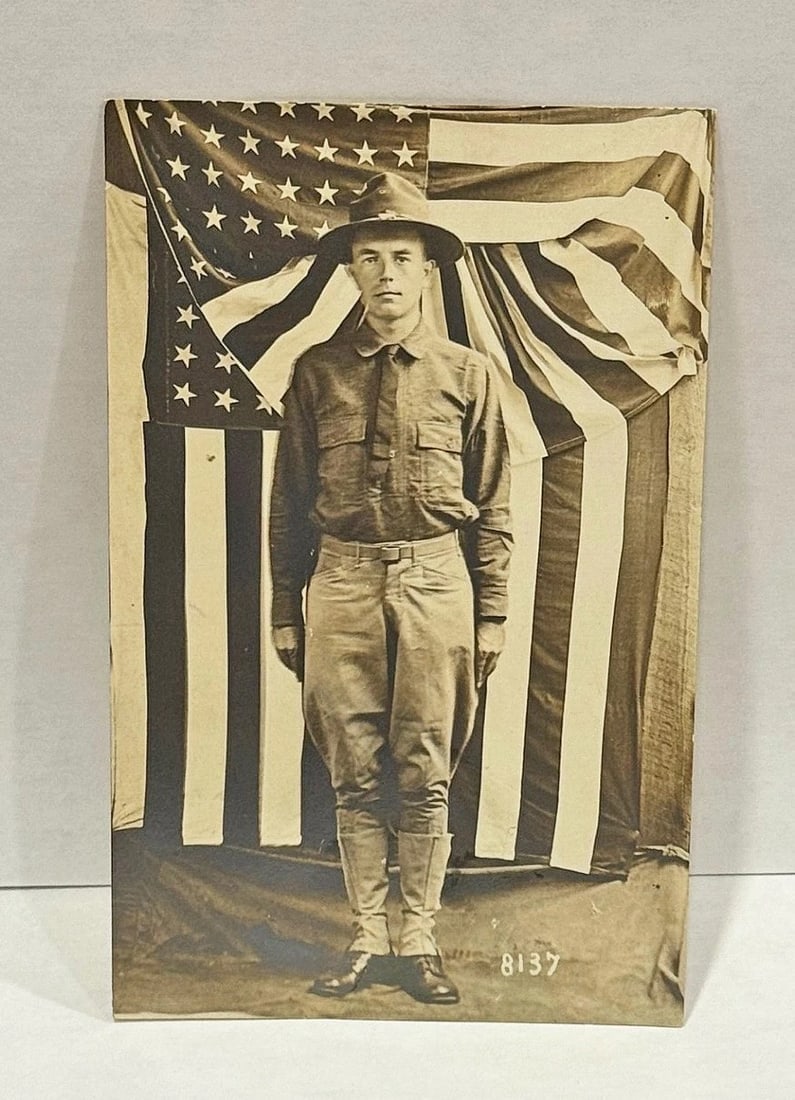 RPPC Real Photograph Postcard Soldier w American Flags Backdrop 1900 - 2