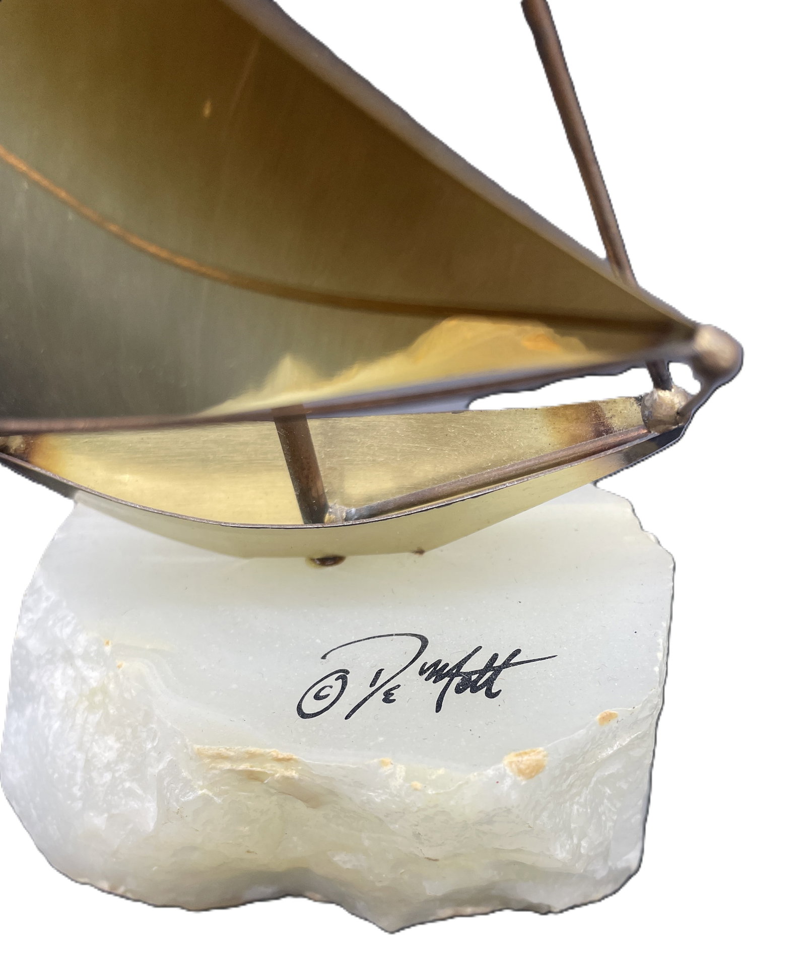 VINTAGE SIGNED DE MOTT BRASS SAILBOAT ON MARBLE - 2