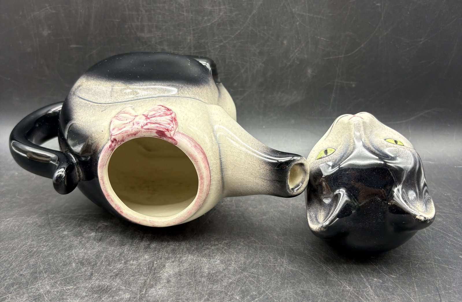 Vintage McCoy Cat Teapot 9520 Green Eyes Pink Bow Figural Pottery USA Tuxedo Cat - 7