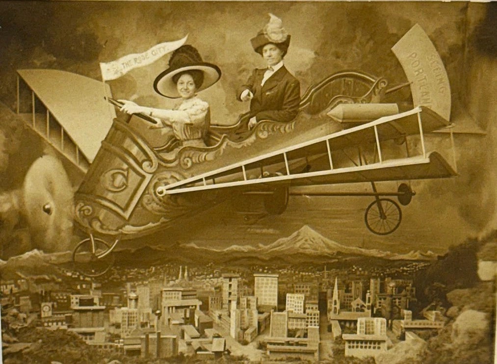 RPPC Real Photo Postcard 2 Women in a Fantasy Plane 'The Rose City' Studio 1909: Real photo postcard studio image of 2 women in a fantasy plane with the banner 'The Rose City' & 'Seeing Portland' on the plane's tail. Wonderful image. Card in good condition - please see the images.