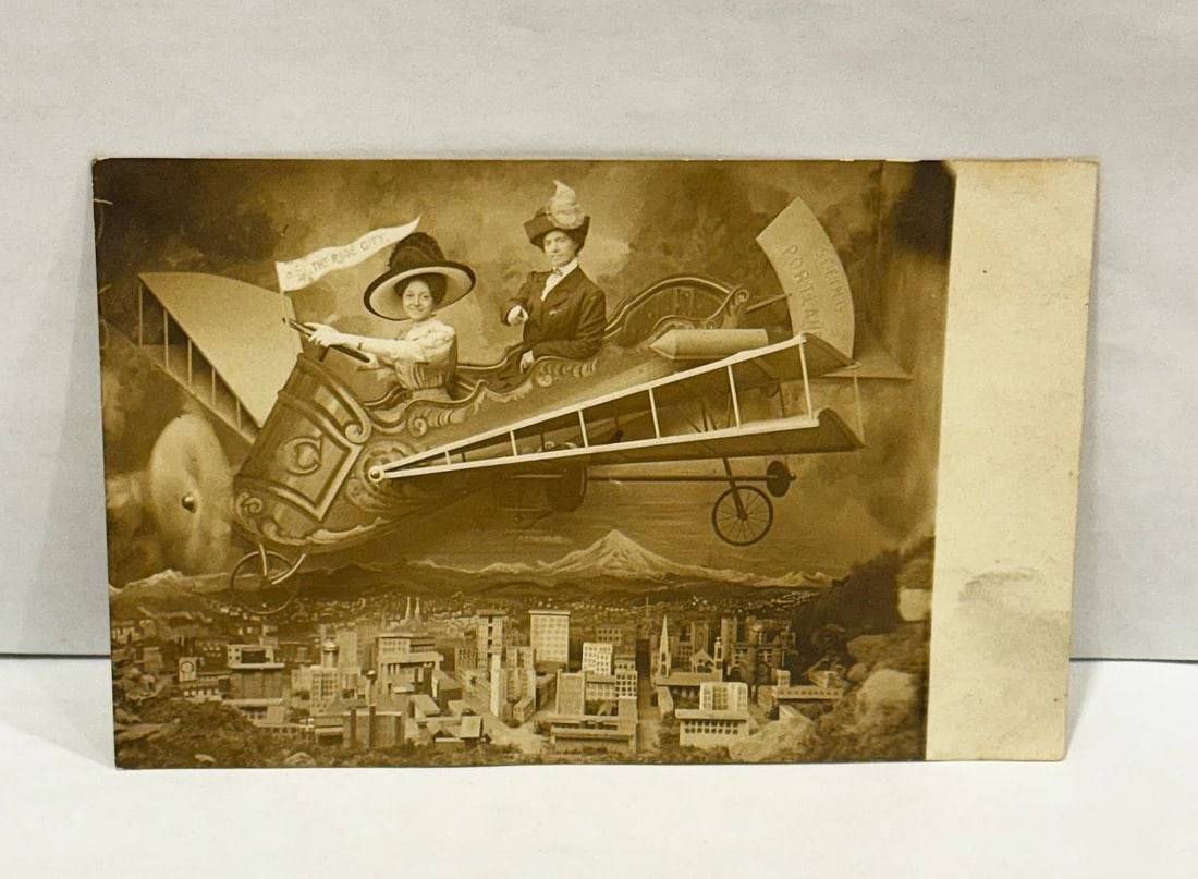 RPPC Real Photo Postcard 2 Women in a Fantasy Plane 'The Rose City' Studio 1909 - 2