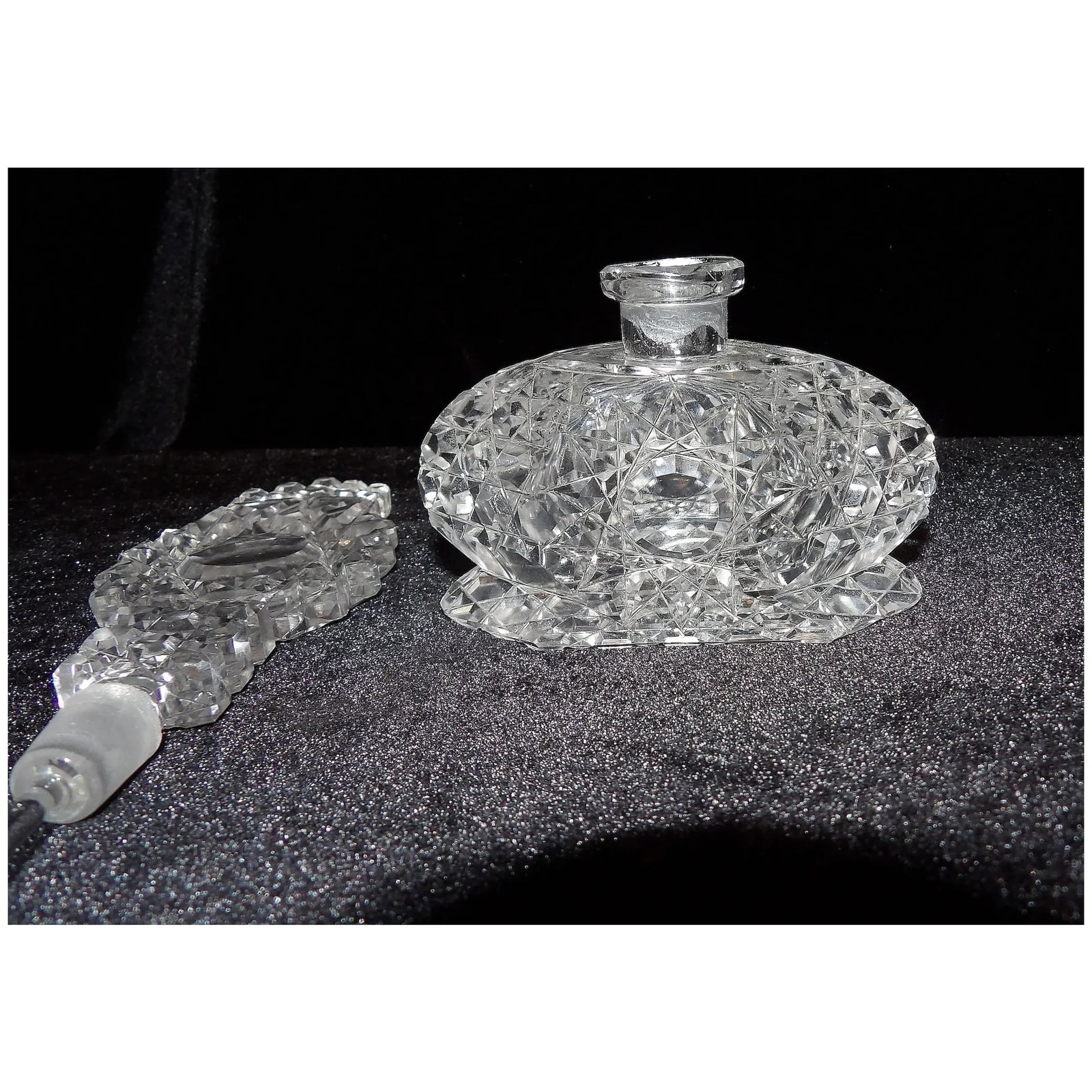 Vintage Block Hobstar Cut Crystal Perfume Bottle-Stopper with Applicator - 3