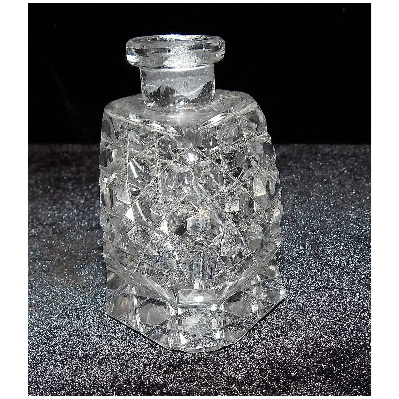 Vintage Block Hobstar Cut Crystal Perfume Bottle-Stopper with Applicator - 4