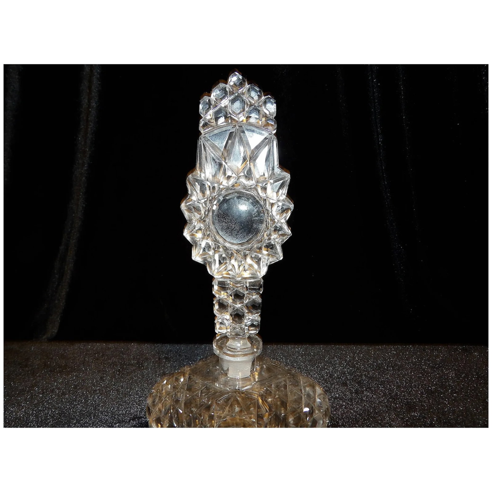 Vintage Block Hobstar Cut Crystal Perfume Bottle-Stopper with Applicator - 7