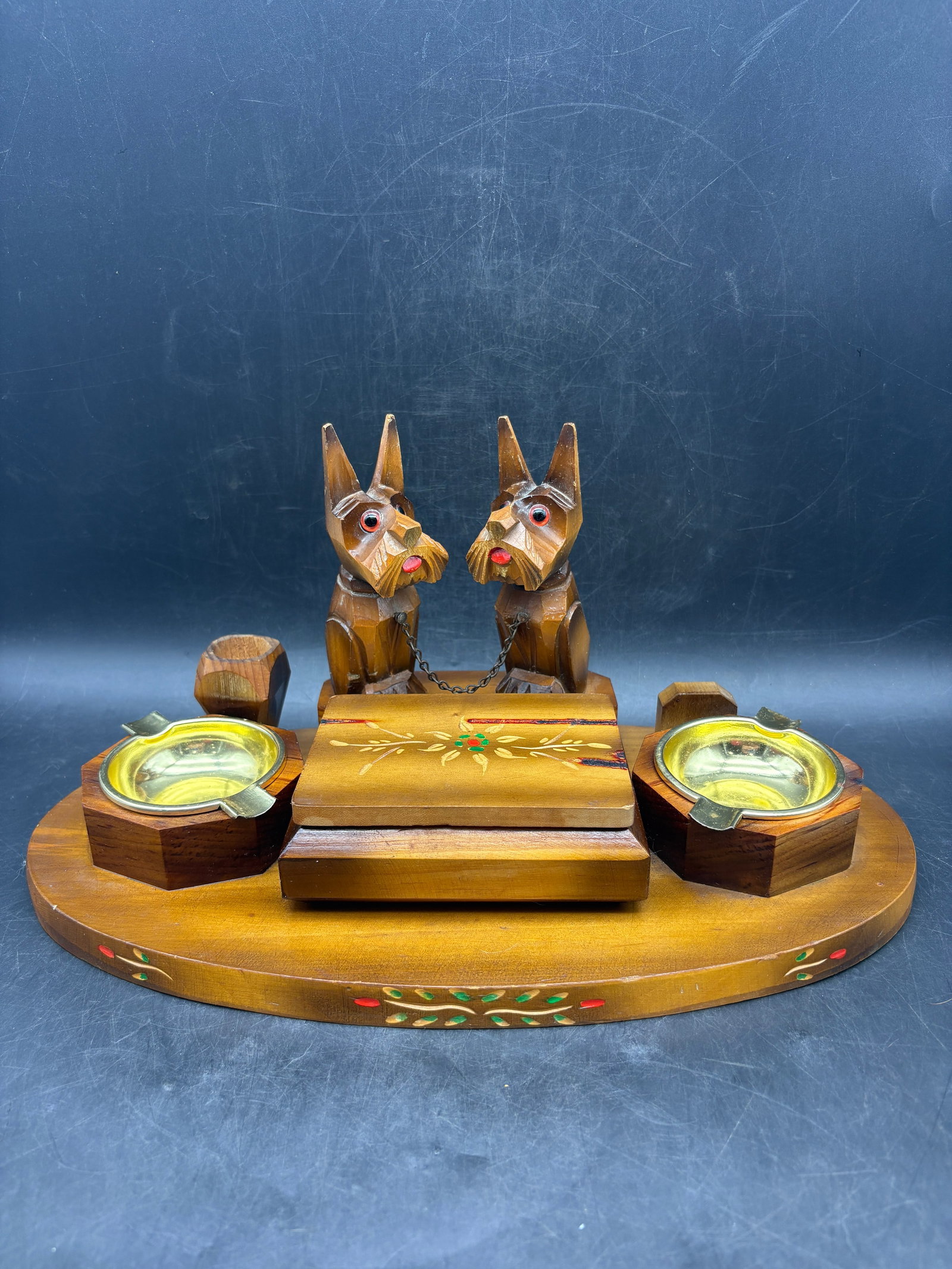Black Forest Style Tramp Art Smoking Set Desk Stand with Scotty Dogs Ashtrays Tobacco Box Germany - 7