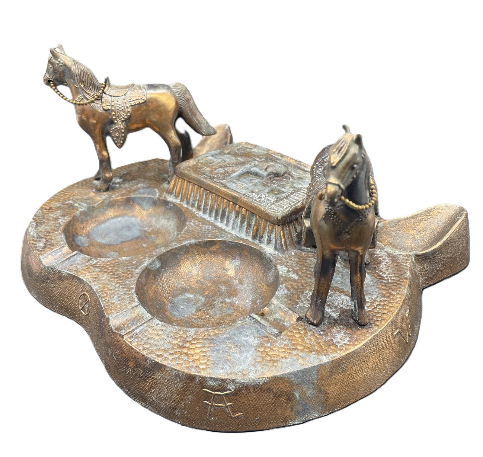 Vintage Cast Western, Equestrian Theme Two Horse Double Pipe Rest & Ashtray w Cast Covered Box - 2