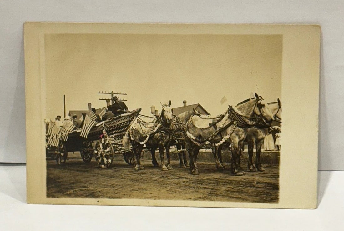 RPPC Real Photo Patriotic Postcard Boat Parade Float American Flags Galore 1900 - 2