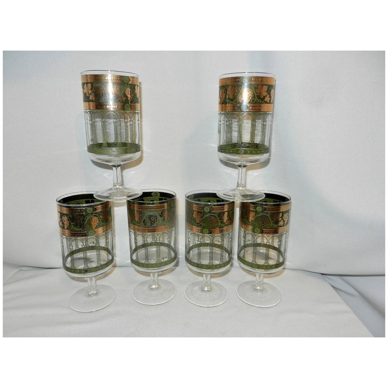 Vintage Set (6) Cora MCM Gold Green Grapes Cocktail Stemmed Glasses - 2