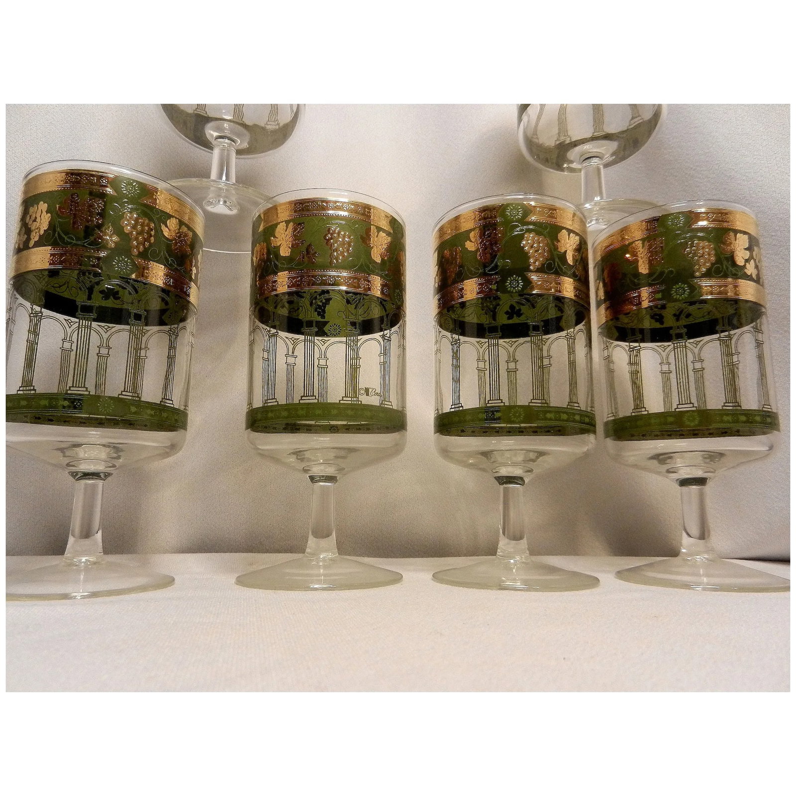 Vintage Set (6) Cora MCM Gold Green Grapes Cocktail Stemmed Glasses - 4