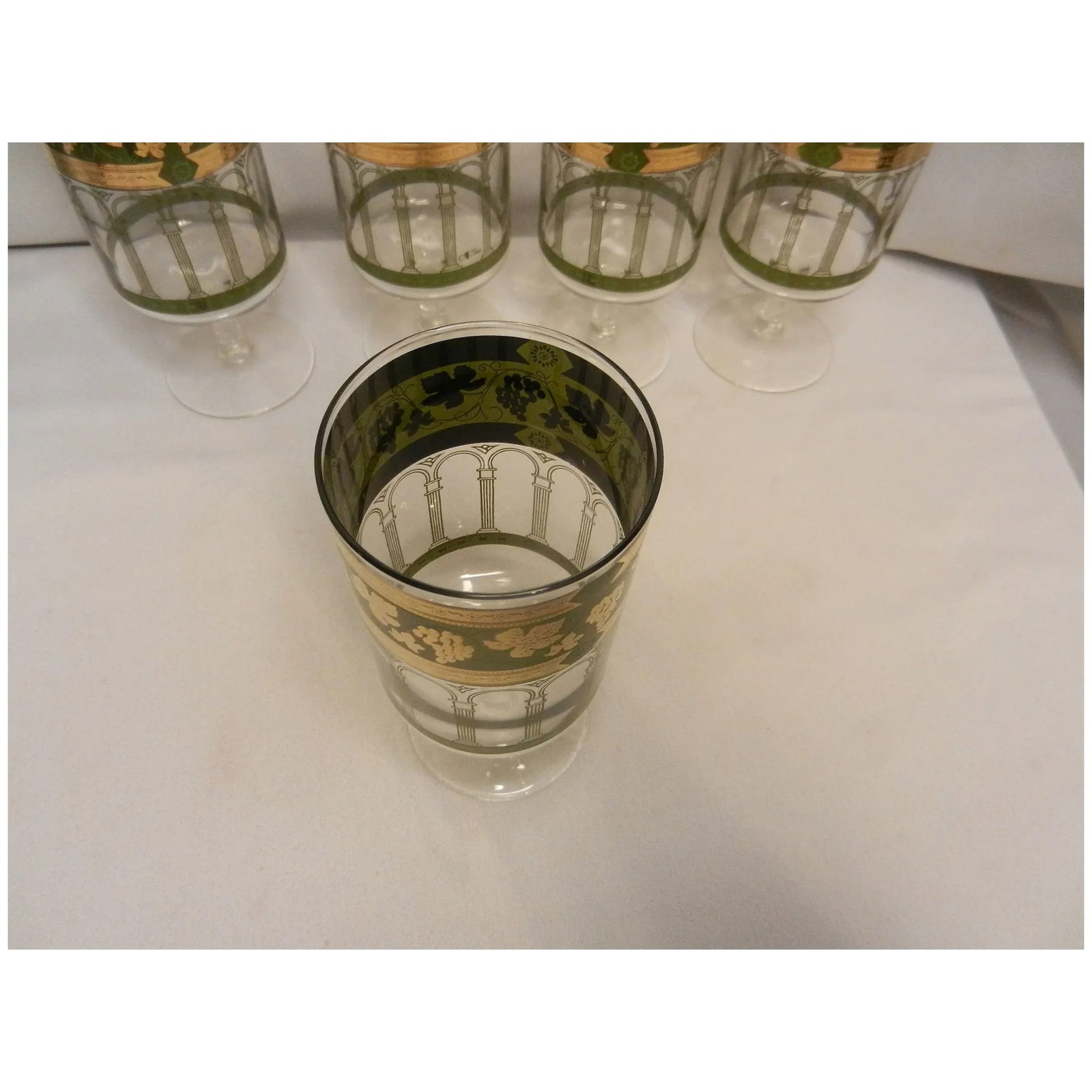 Vintage Set (6) Cora MCM Gold Green Grapes Cocktail Stemmed Glasses - 7