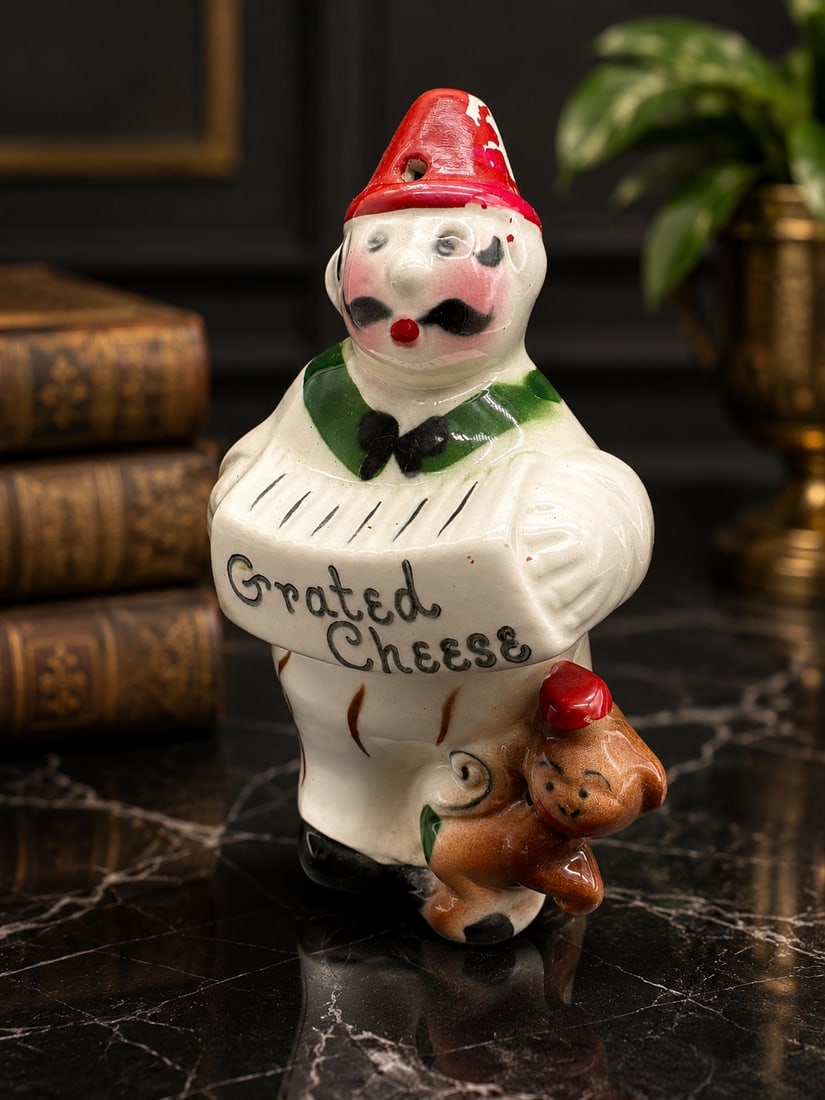 Vintage Mid-Century Japanese Ceramic "Grated Cheese" Clown Shaker or Dispenser, circa 1950s - 2