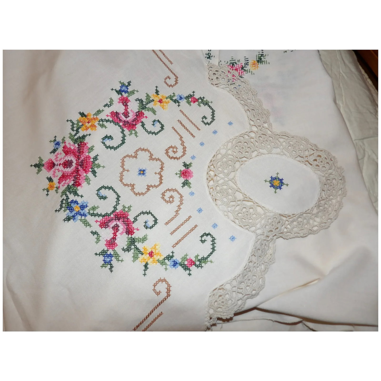 Vintage Cream Crocheted, Embroidery, Cross Stitch, Handmade Linen Table Cloth - 5