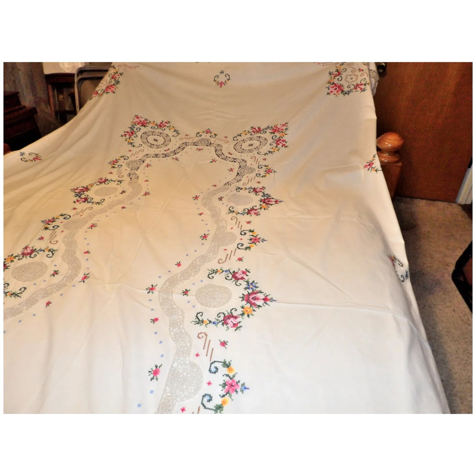 Vintage Cream Crocheted, Embroidery, Cross Stitch, Handmade Linen Table Cloth - 6