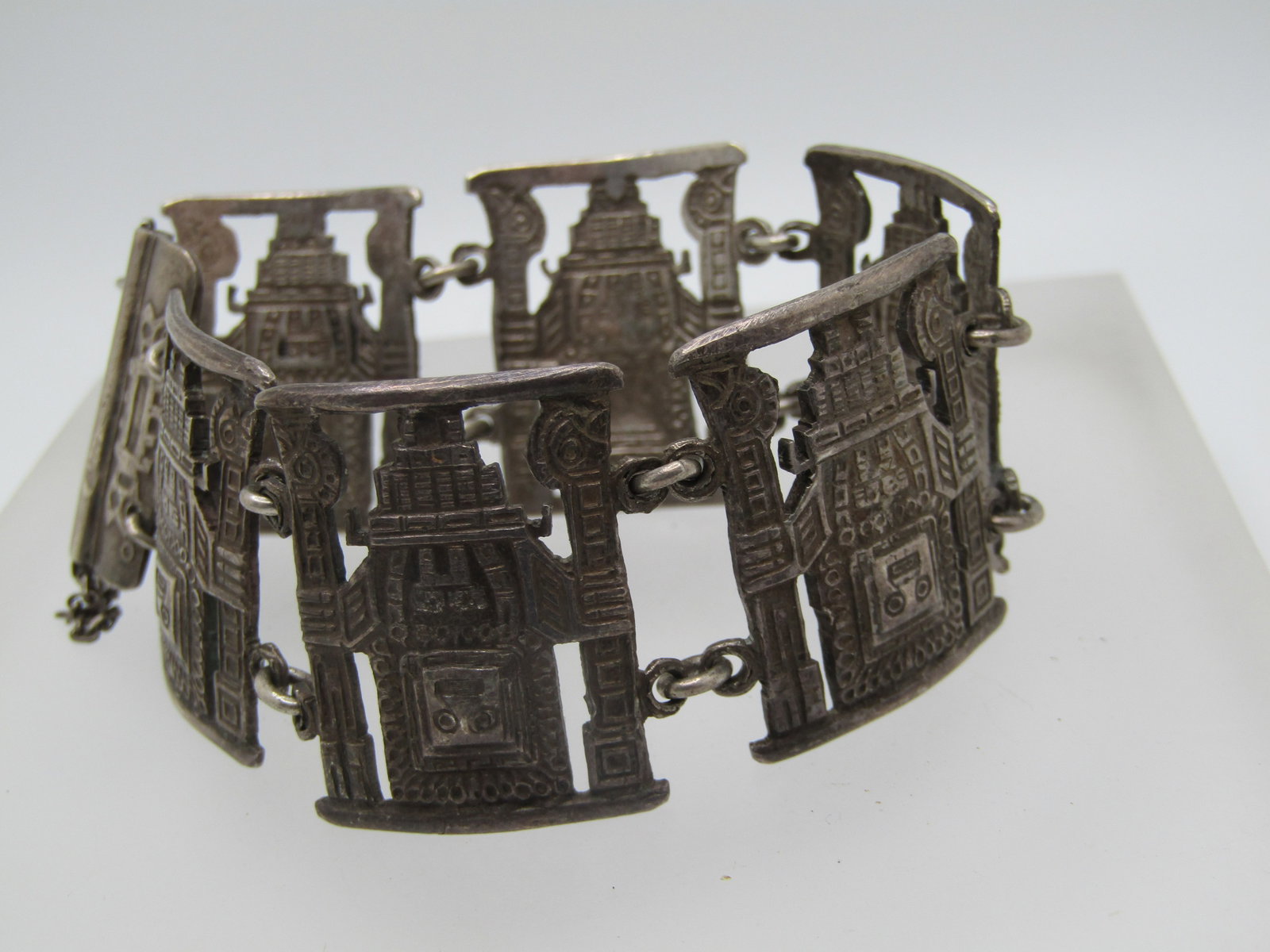 Vintage Silver Inca God Tile Bracelet, Slide Clasp. 7.5", Unisex, Pre Mid-Century - 2