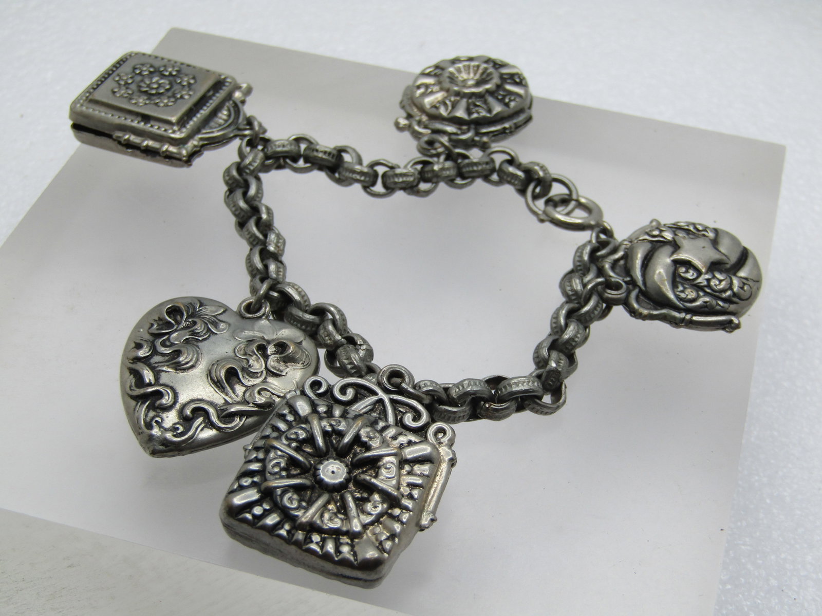 Vintage Faux Locket Charm Bracelet, 7.25", 1940's - 2