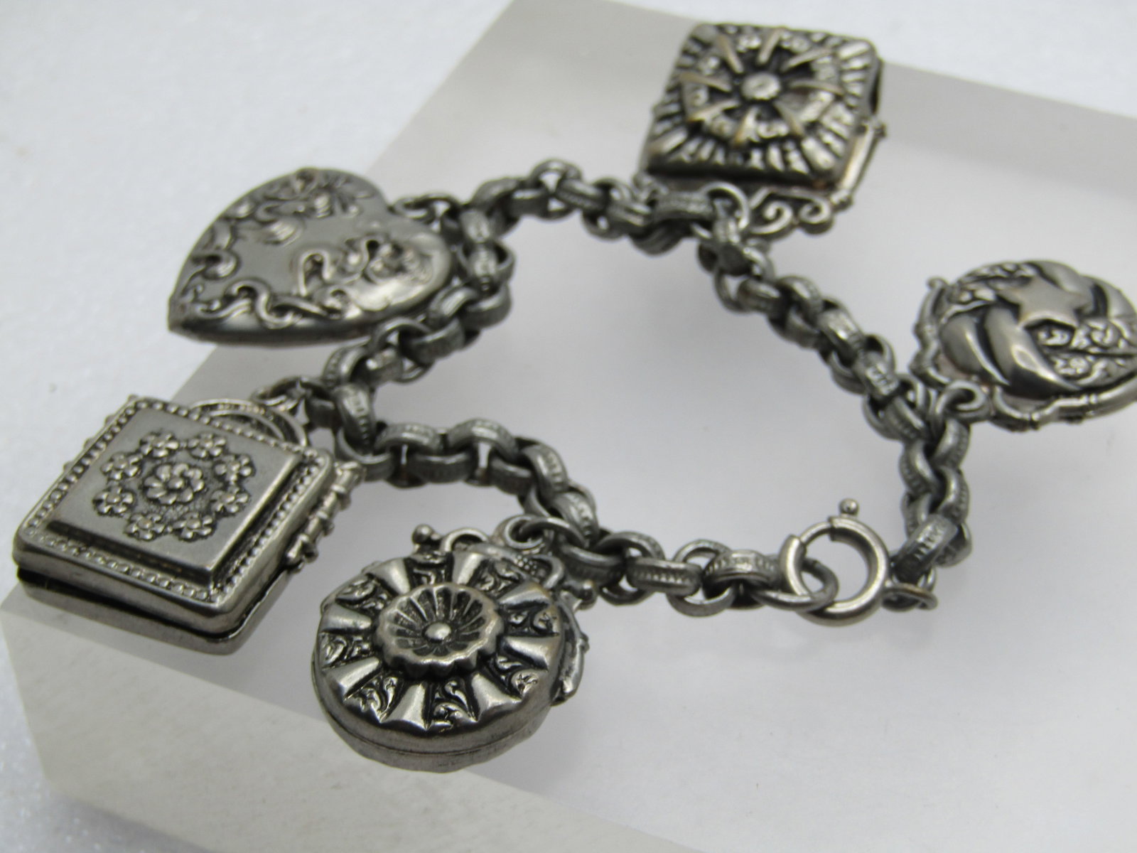 Vintage Faux Locket Charm Bracelet, 7.25", 1940's - 7