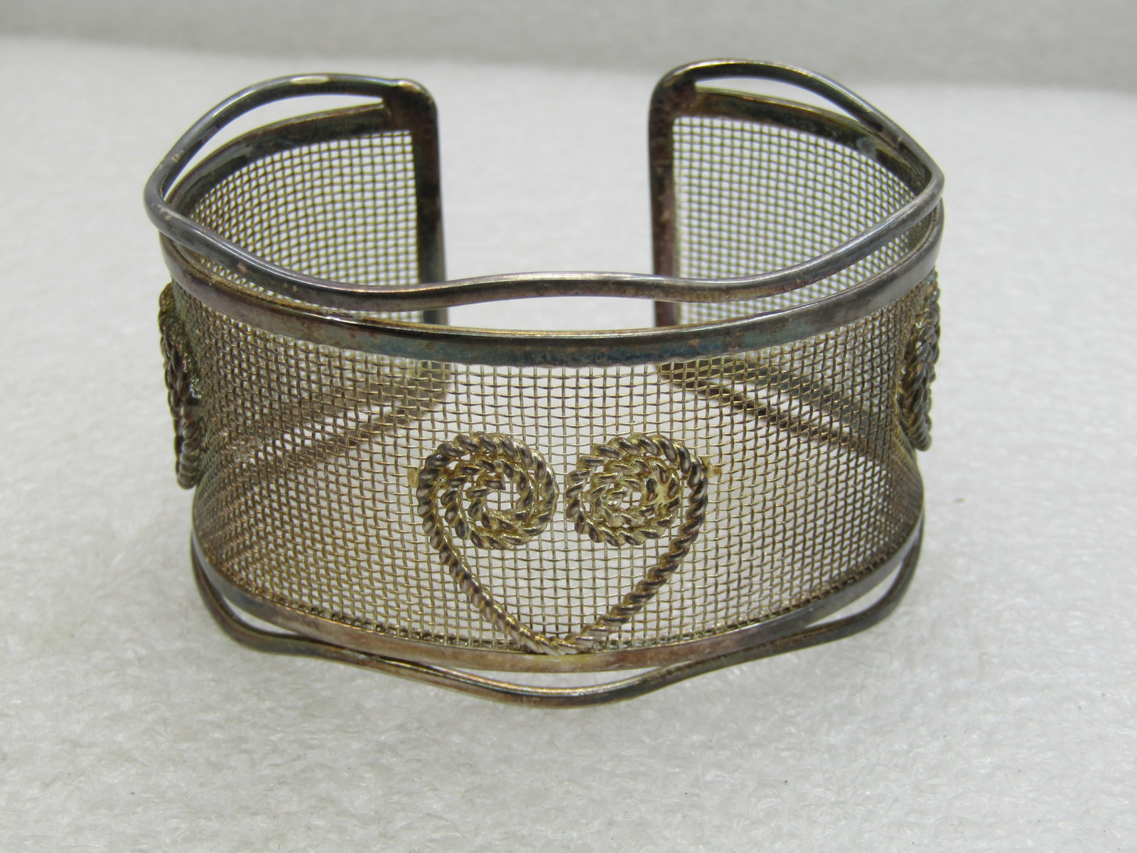 Vintage Mesh Heart Cuff Bracelet, 6.5", 1.25" Wide, - 2