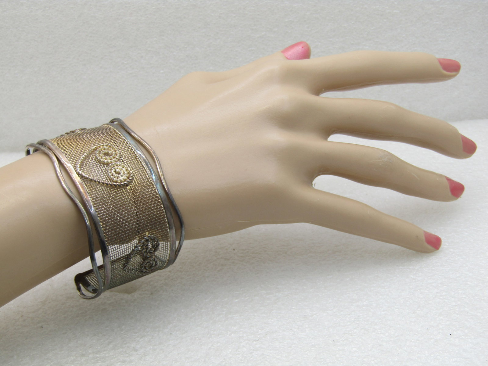 Vintage Mesh Heart Cuff Bracelet, 6.5", 1.25" Wide, - 7