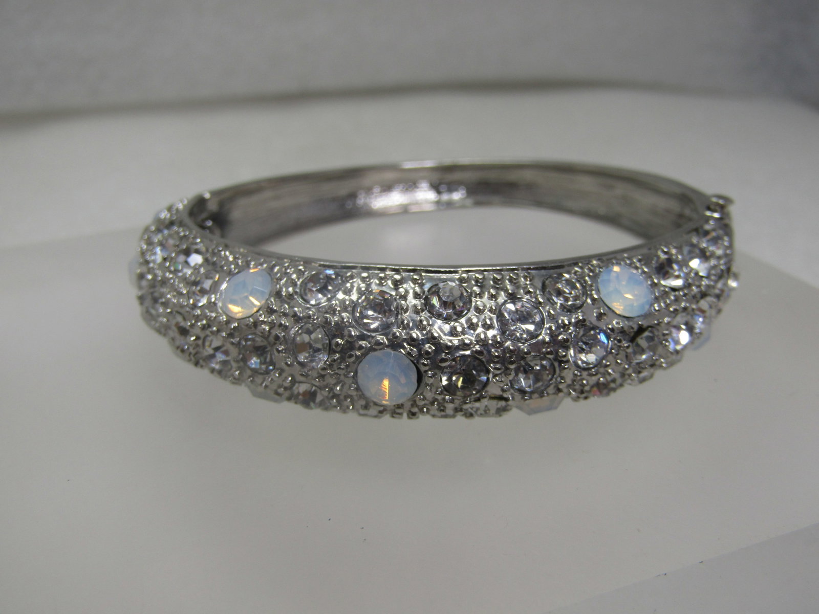 Rhinestone Hinged Bangle Bracelet, 7.25", Silver Tone - 2