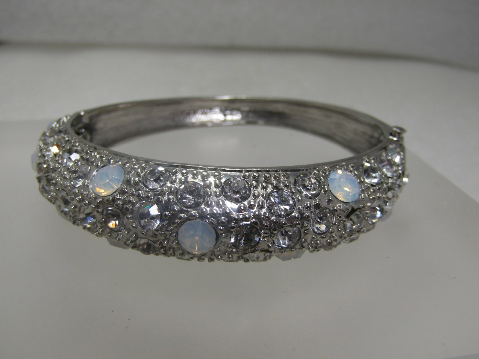 Rhinestone Hinged Bangle Bracelet, 7.25", Silver Tone - 4