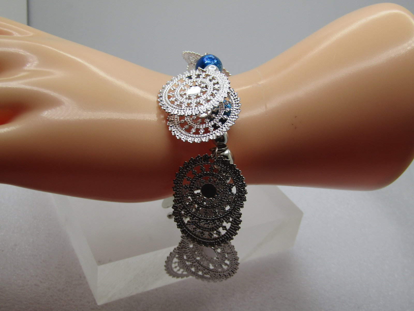 Blue Beaded Filigree Drop Charm Bracelet, 8", Toggle, Signed, 1990's - 2
