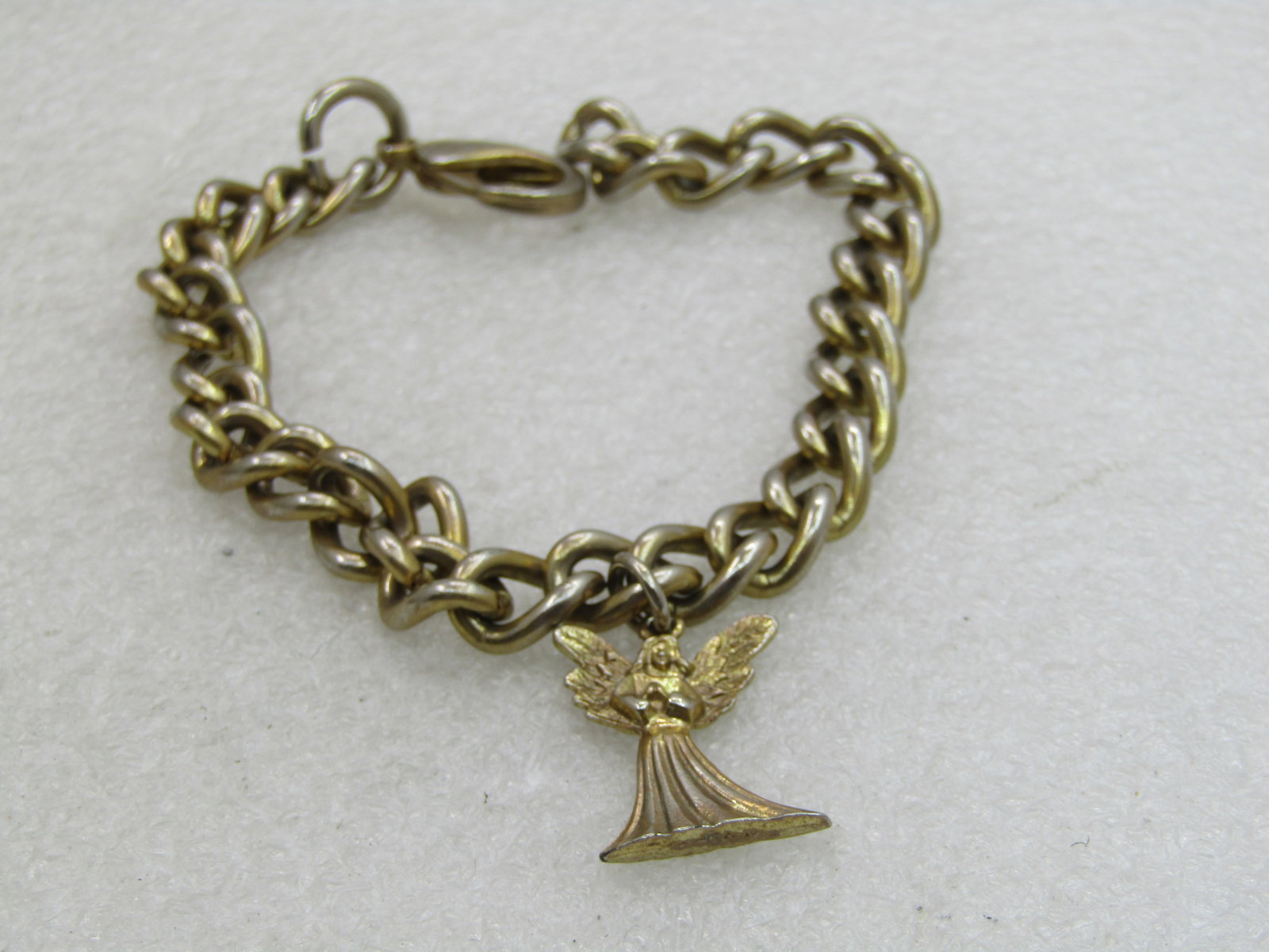 Vintage Heavy Curb Link Bracelet, Angel Charm, 9.25", 8.5mm - 2