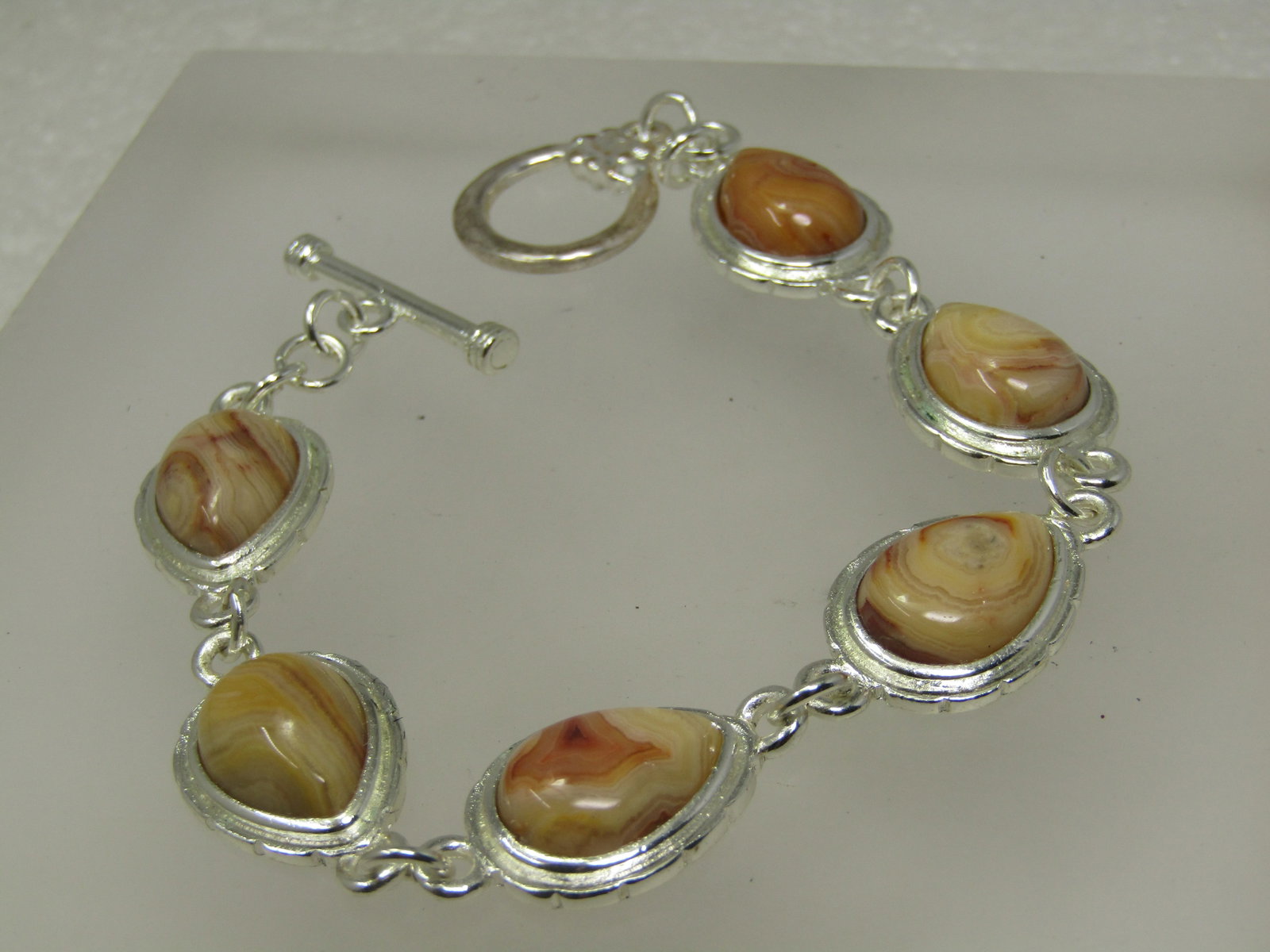 Southwestern Agate Bracelet, 8", silver Tone, Toggle Clasp, 1980's-1990's - 2