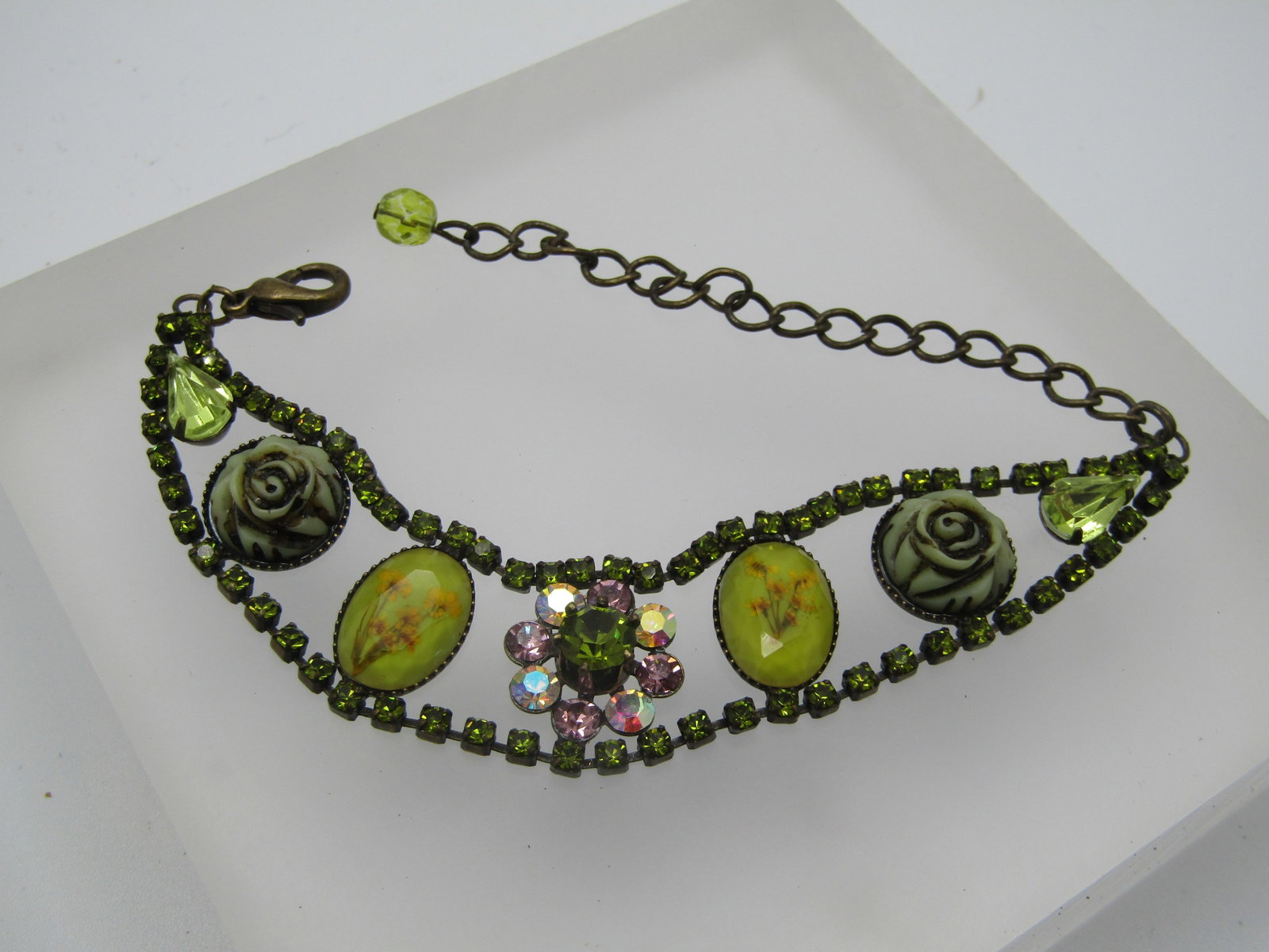 Vintage Rhinestone & Floral Accented Bracelet, 6"-9" - 2
