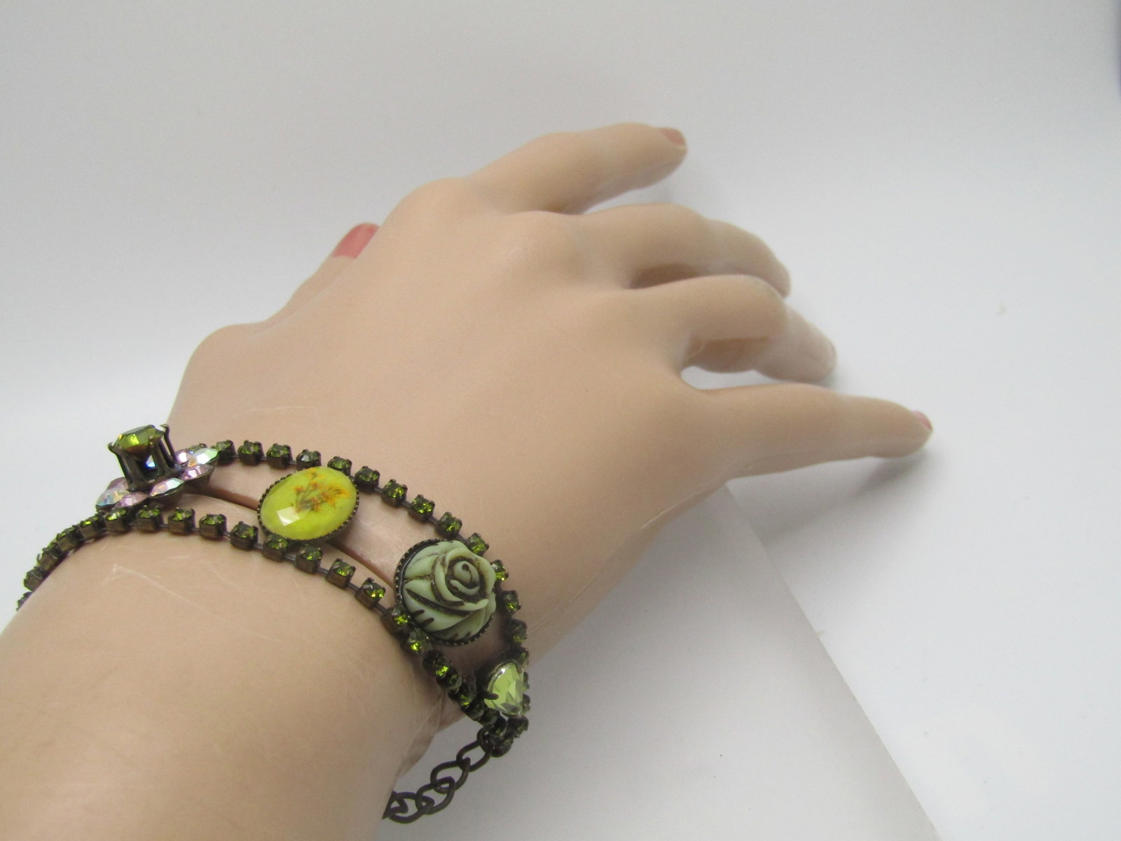 Vintage Rhinestone & Floral Accented Bracelet, 6"-9" - 7