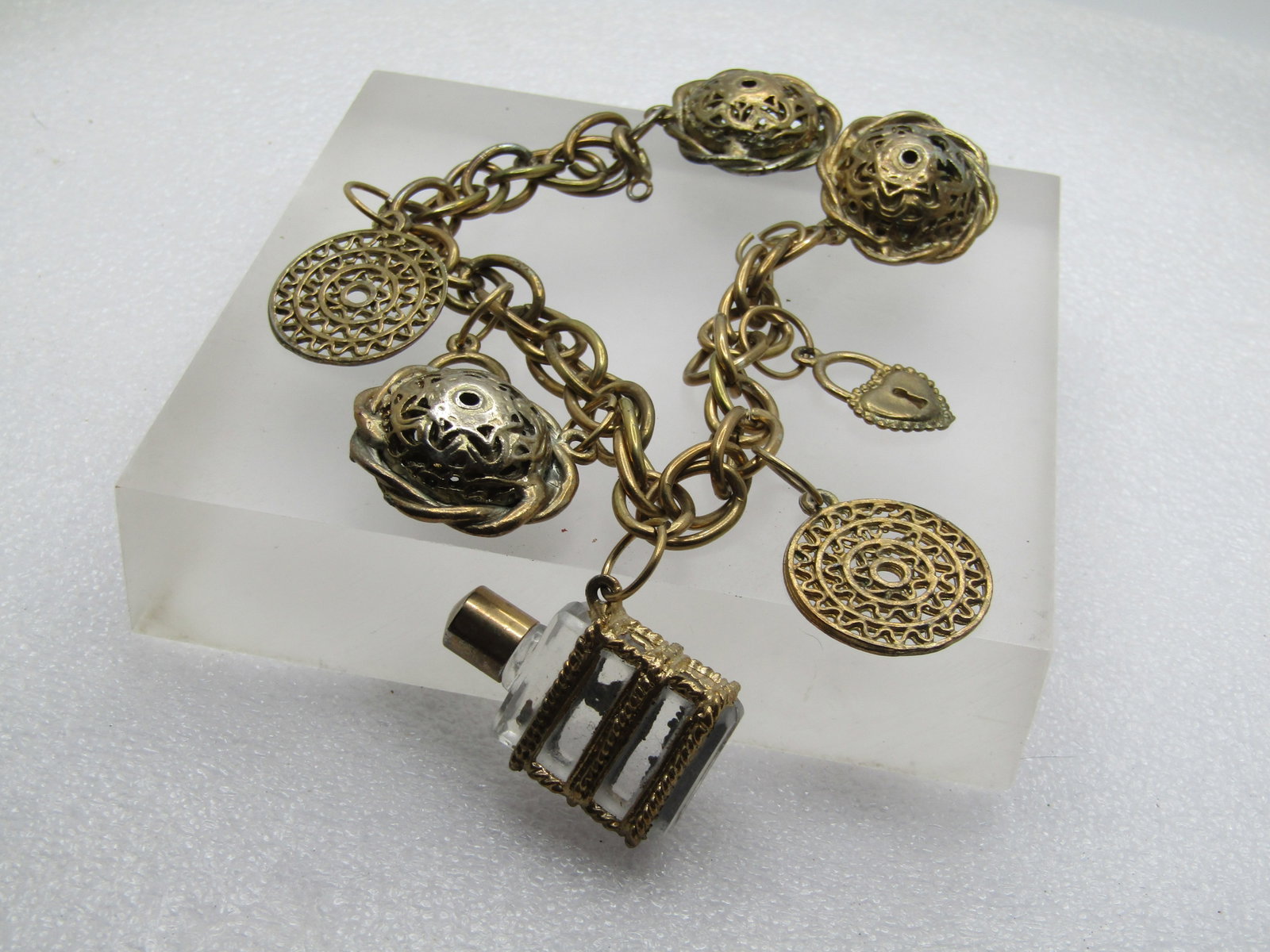 Vintage Chunky Charm Bracelet, Perfume Bottle & More, 8", 1960's - 2