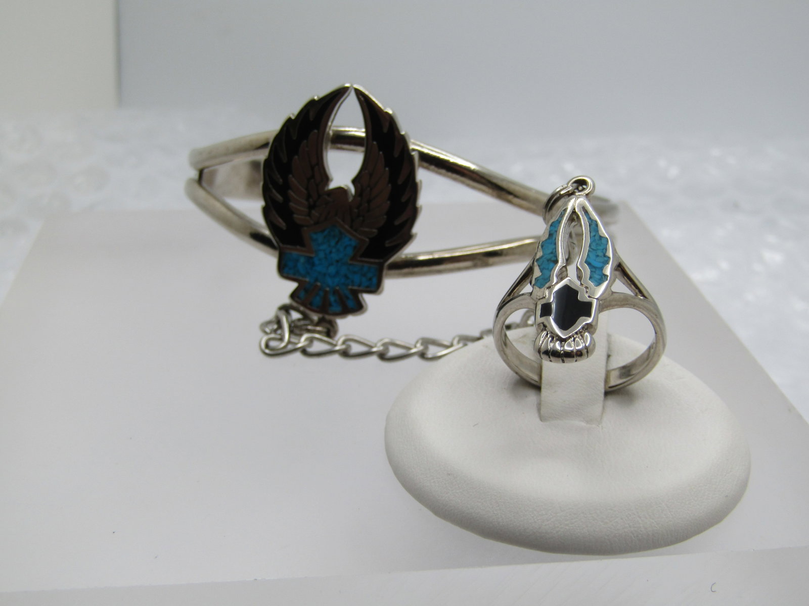 Vintage Enameled & Turquoise Chip Biker Bracelet with Attached Ring, t is 7".Ring is Sz. 7 - 2