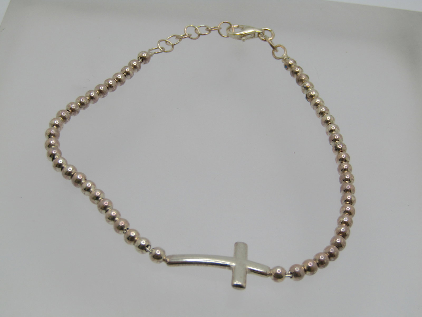 Sterling Silver Cross Beaded Bracelet, 7.25" to 8.25", Signed - 2