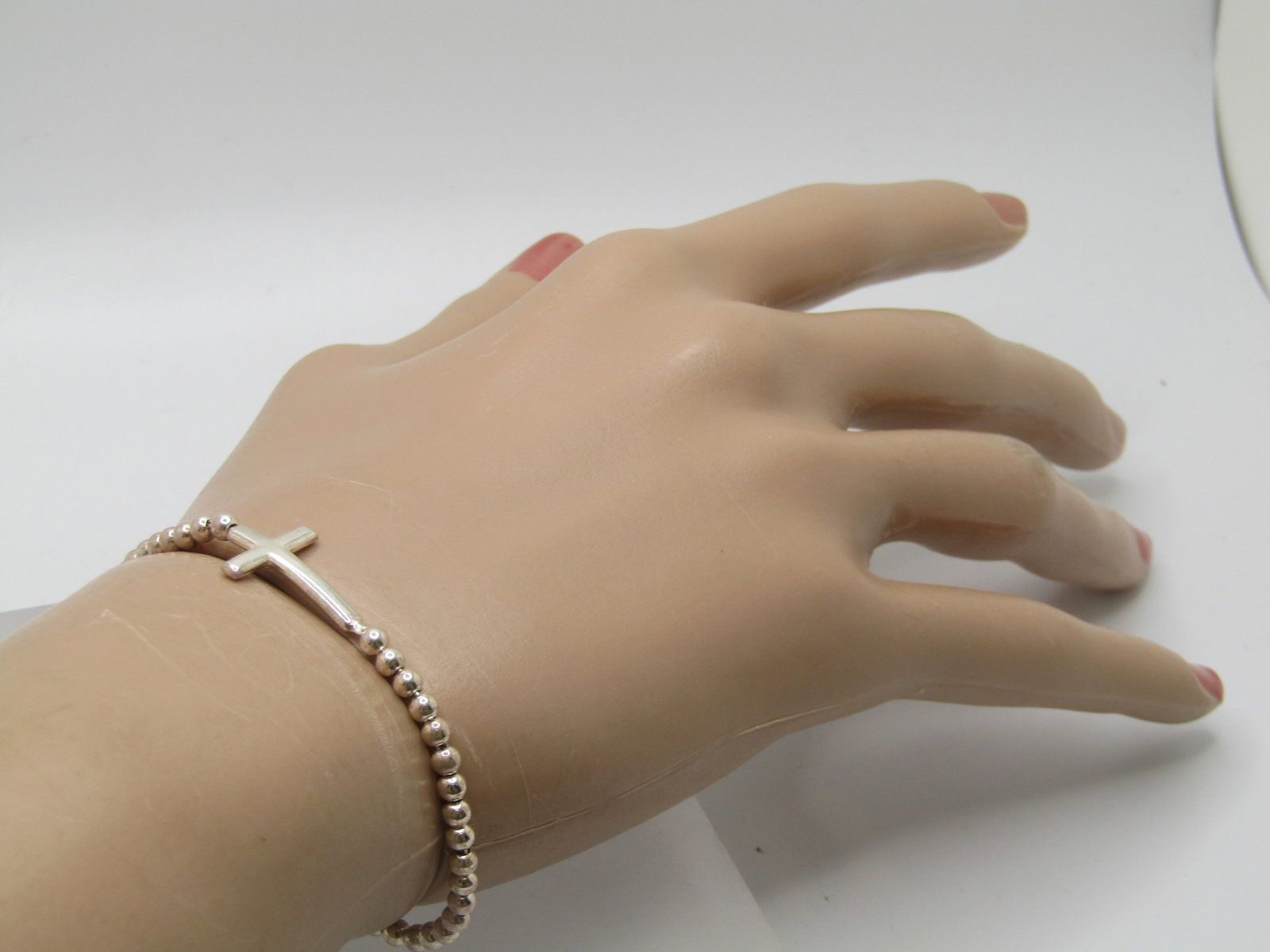 Sterling Silver Cross Beaded Bracelet, 7.25" to 8.25", Signed - 7