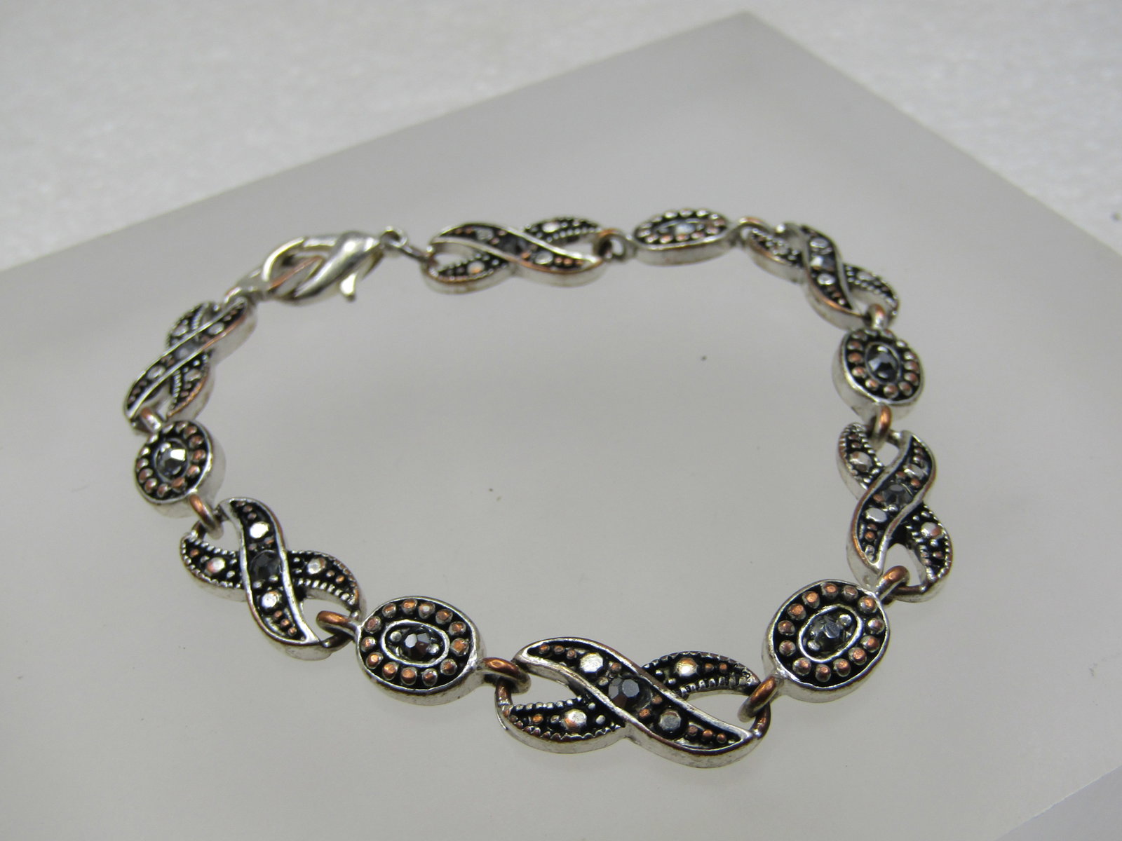 Vintage Faux Marcasite X & O Tennis Bracelet, Silver tone, 7.75" - 2
