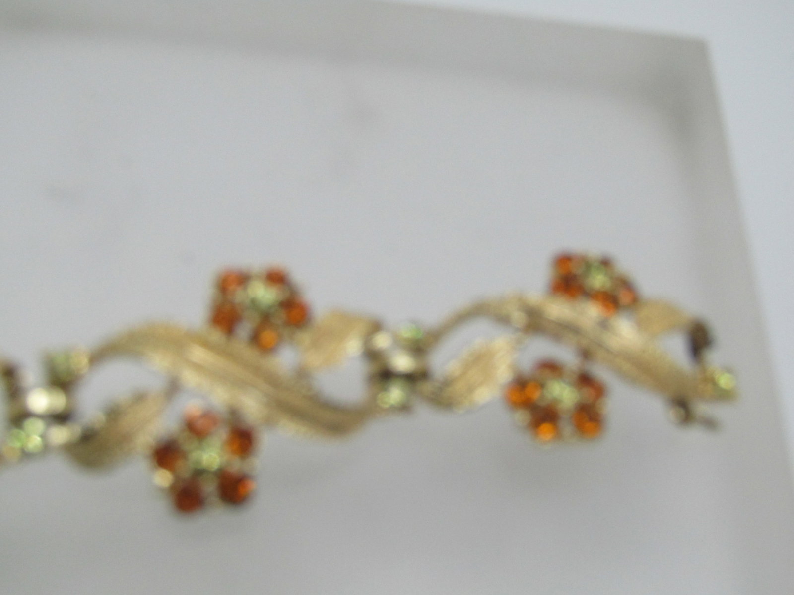 Vintage Coro Rhinestone Floral Bracelet, Leaves, 7", Safety Chain, 1950's-1960's - 2
